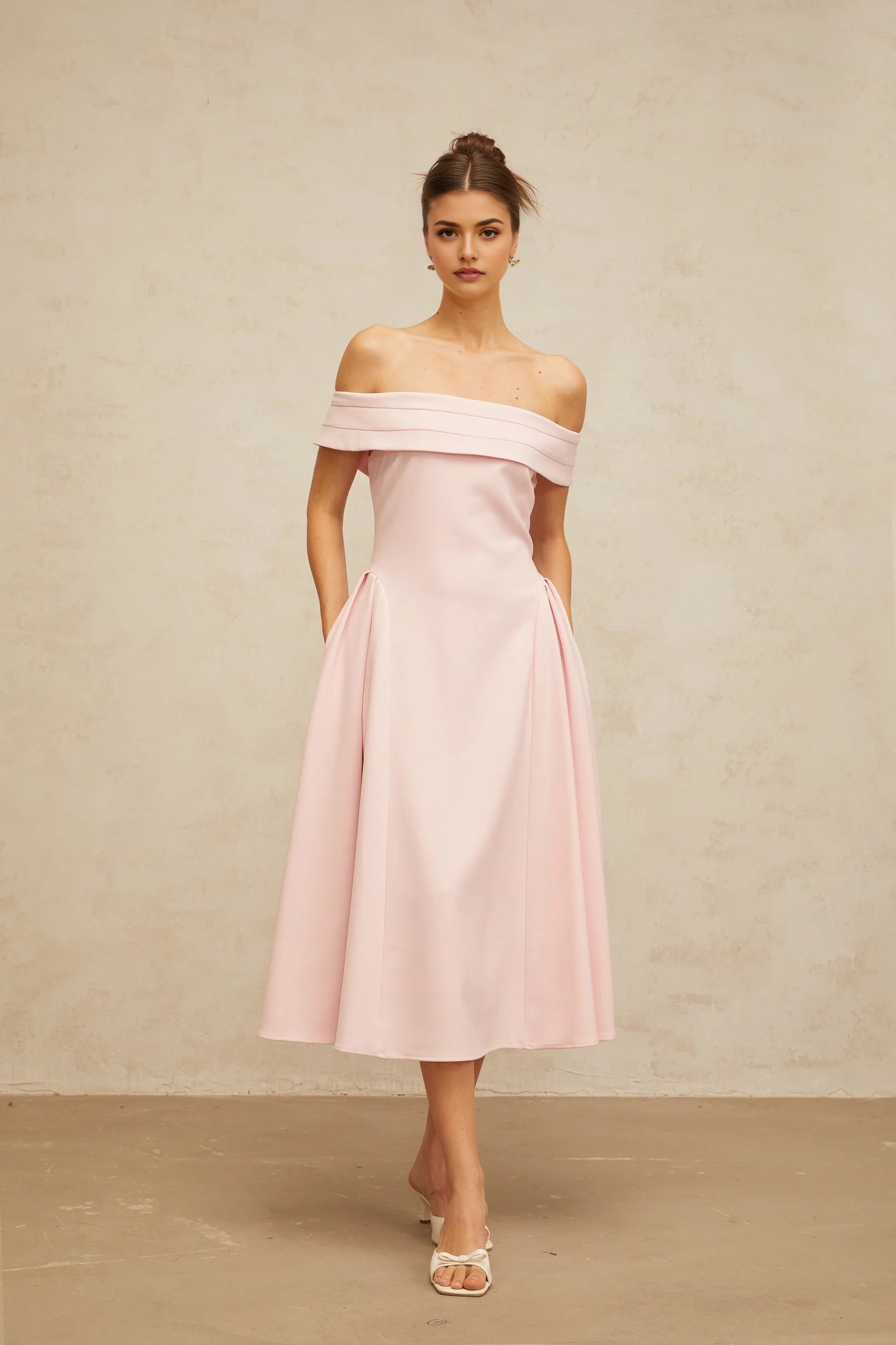 Pink Off - Shoulder Midi Dress with Pleated Detail pink off-shoulder pleated midi dress Evening Dress
