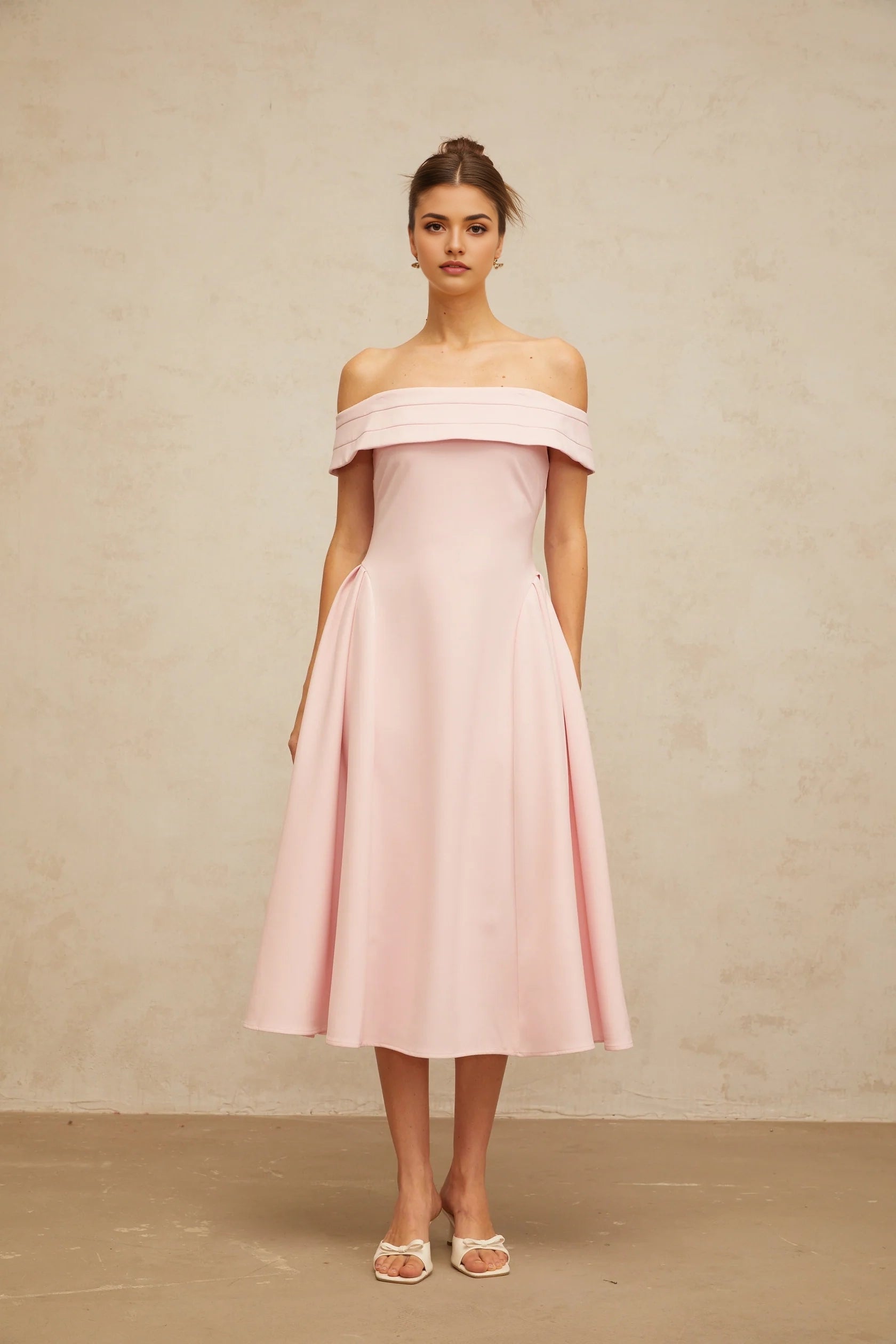 Pink Off - Shoulder Midi Dress with Pleated Detail pink off-shoulder pleated midi dress Evening Dress