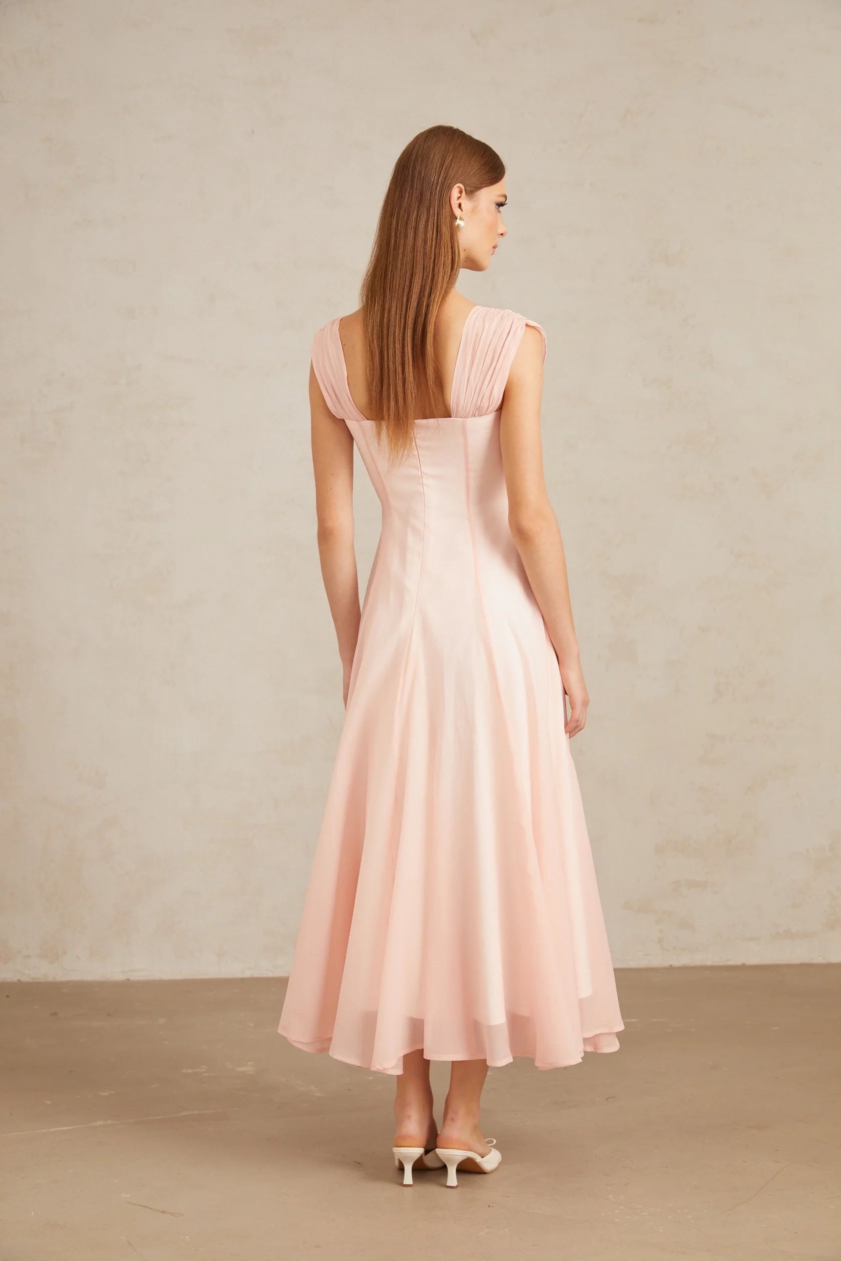 Pink Pleated Strap Sweetheart Neck Midi Dress Pink Flounced Midi Dress Evening Dress