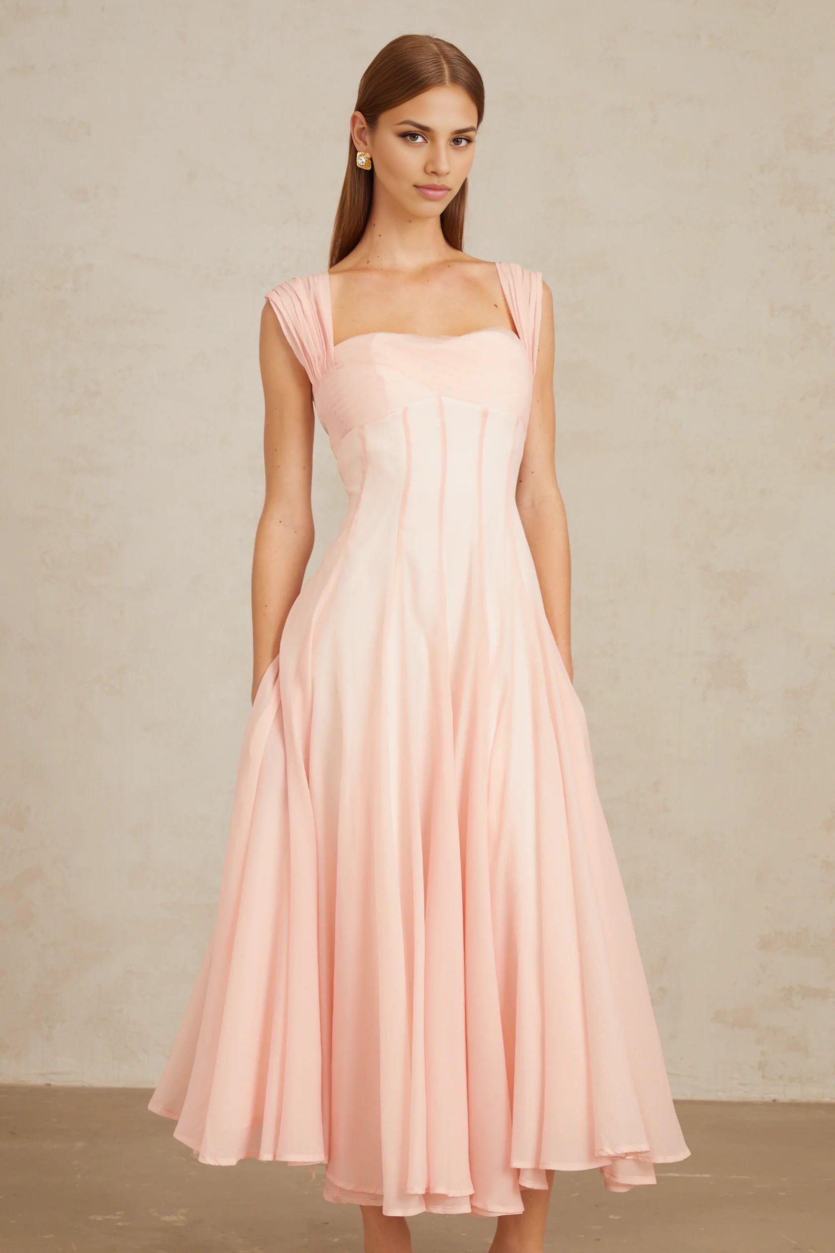 Pink Pleated Strap Sweetheart Neck Midi Dress Pink Flounced Midi Dress Evening Dress