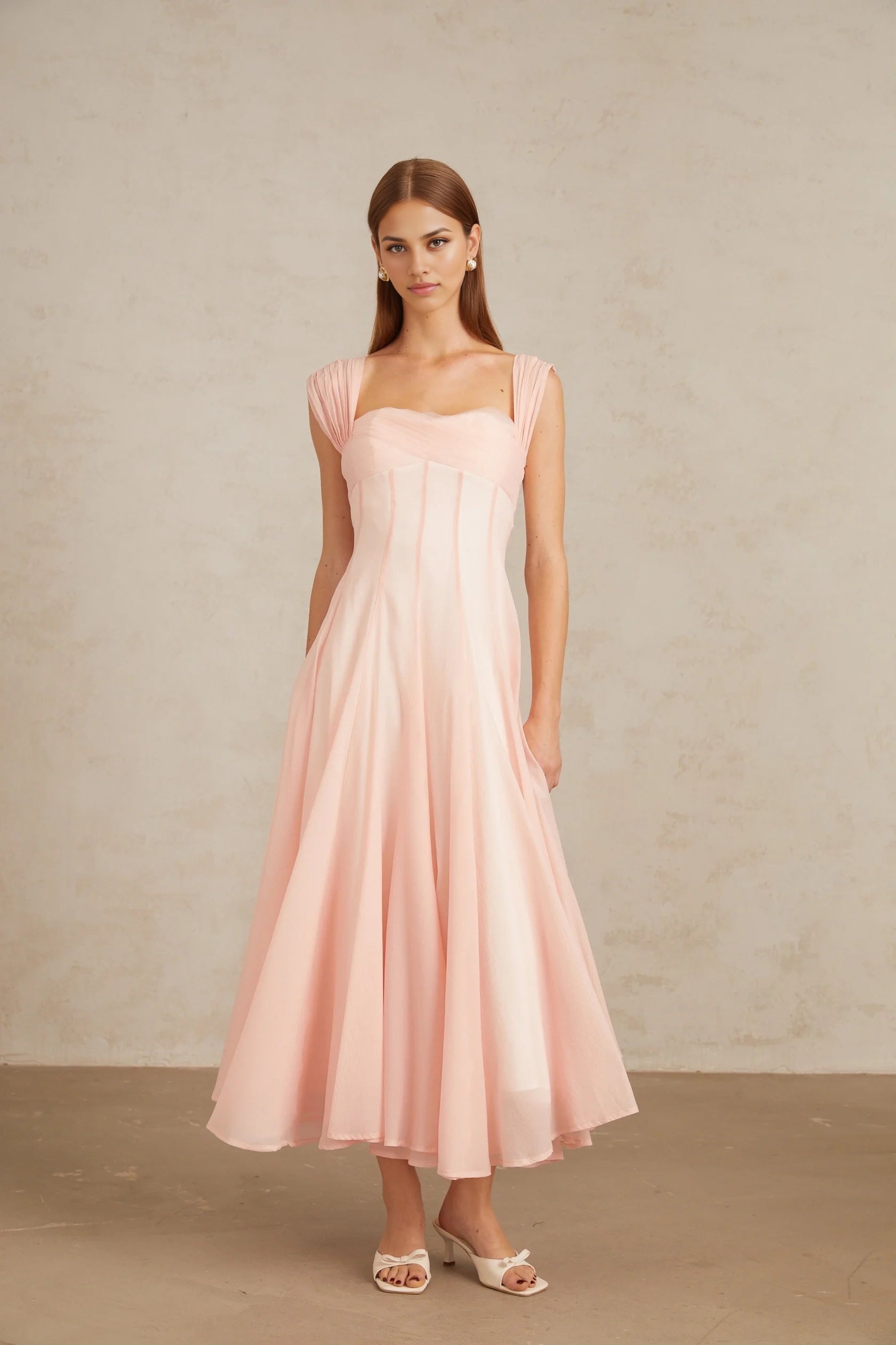 Pink Pleated Strap Sweetheart Neck Midi Dress Pink Flounced Midi Dress Evening Dress