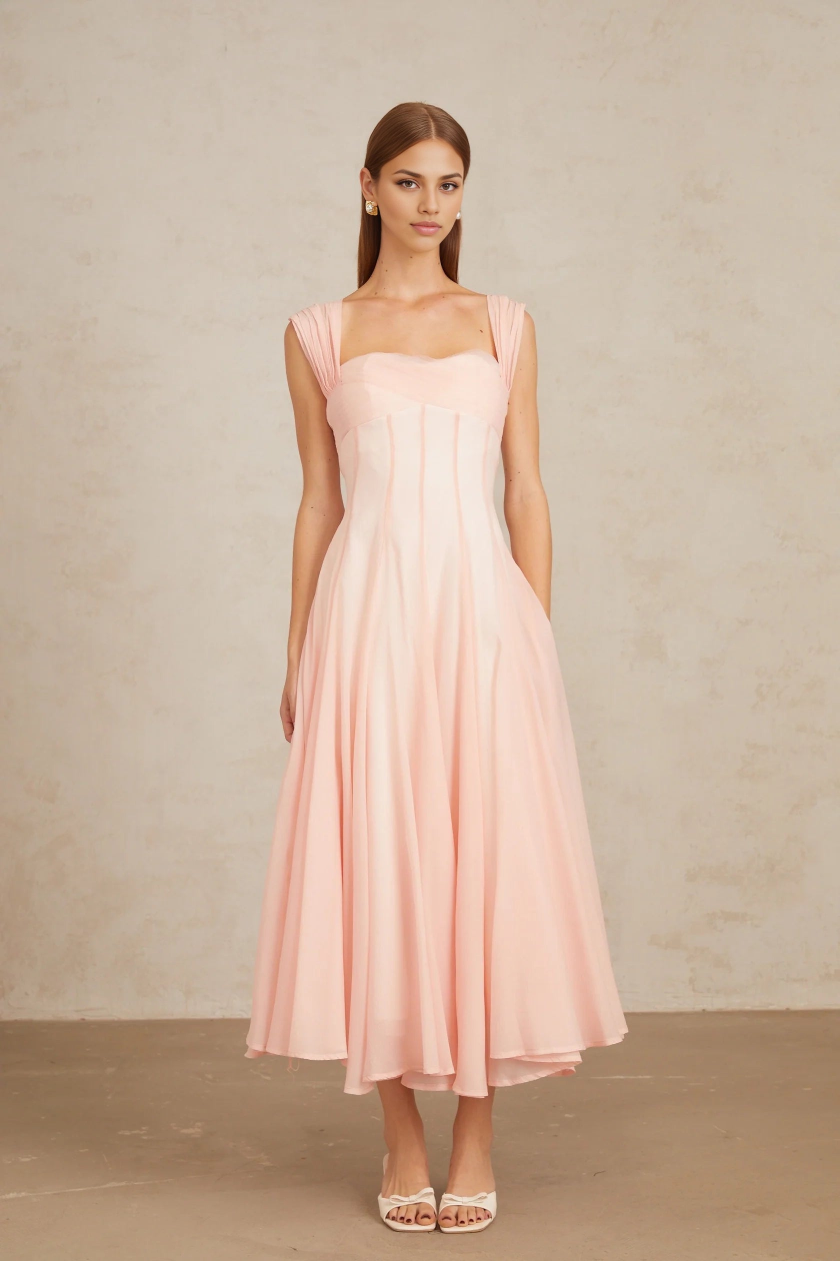 Pink Pleated Strap Sweetheart Neck Midi Dress Pink Flounced Midi Dress Evening Dress