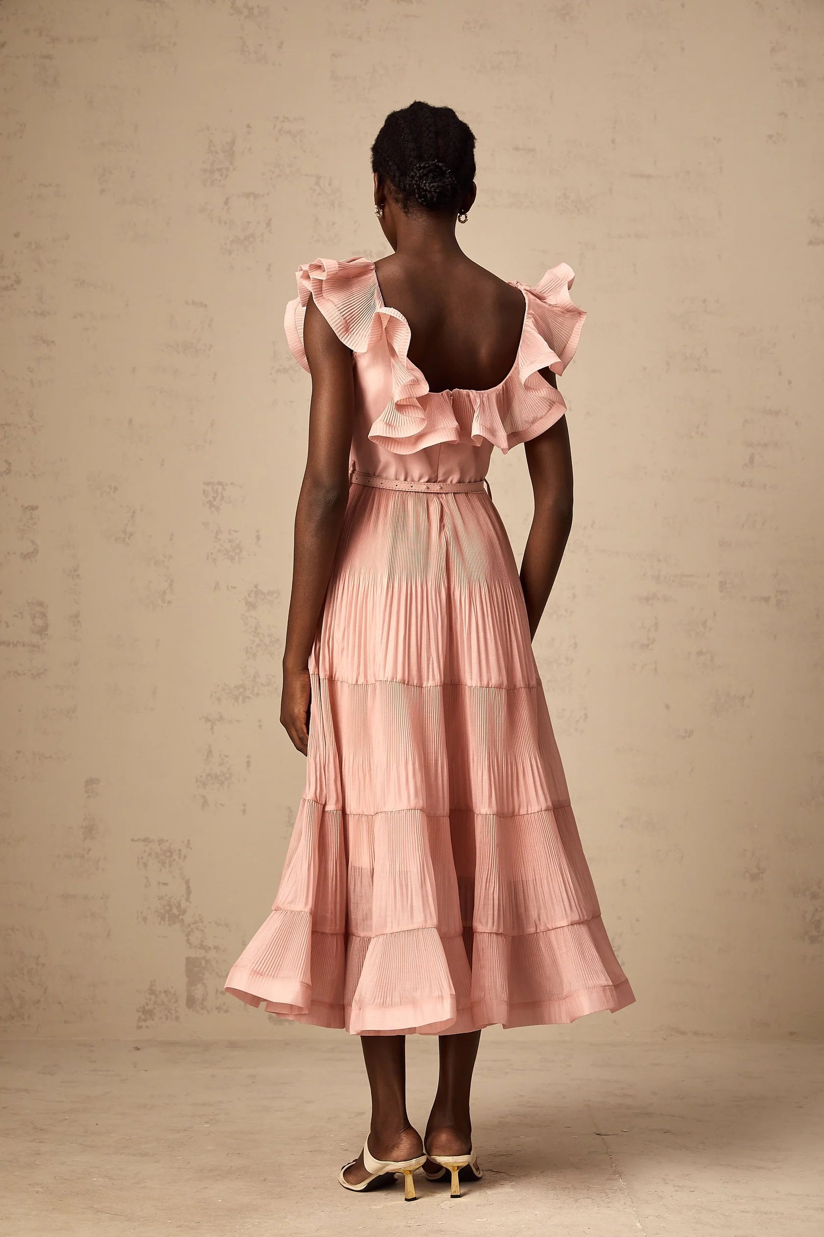 Pink Ruffled Tiered Midi Dress Valentina coral-pink pleated frilled midi dress Evening Dress