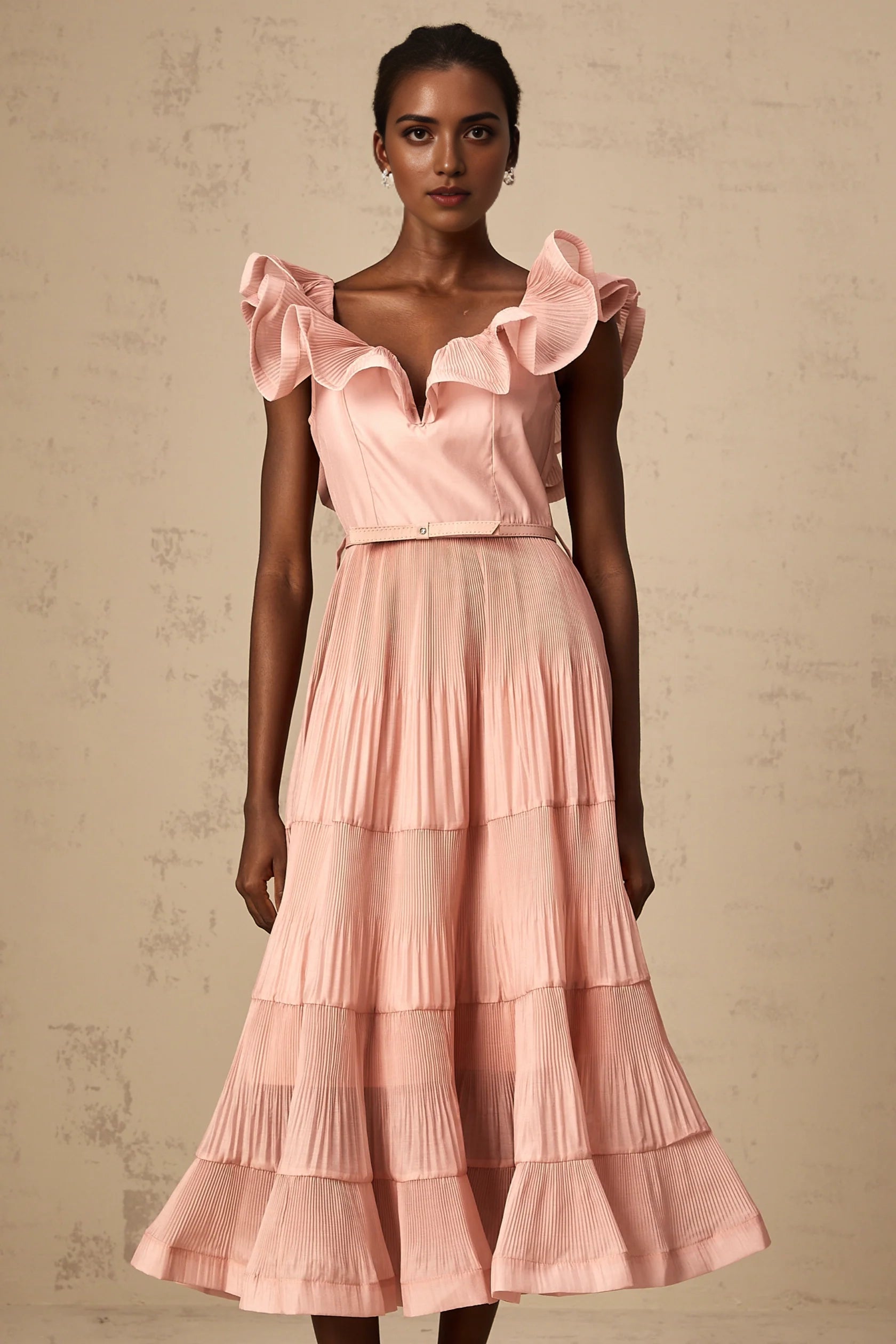 Pink Ruffled Tiered Midi Dress Valentina coral-pink pleated frilled midi dress Evening Dress