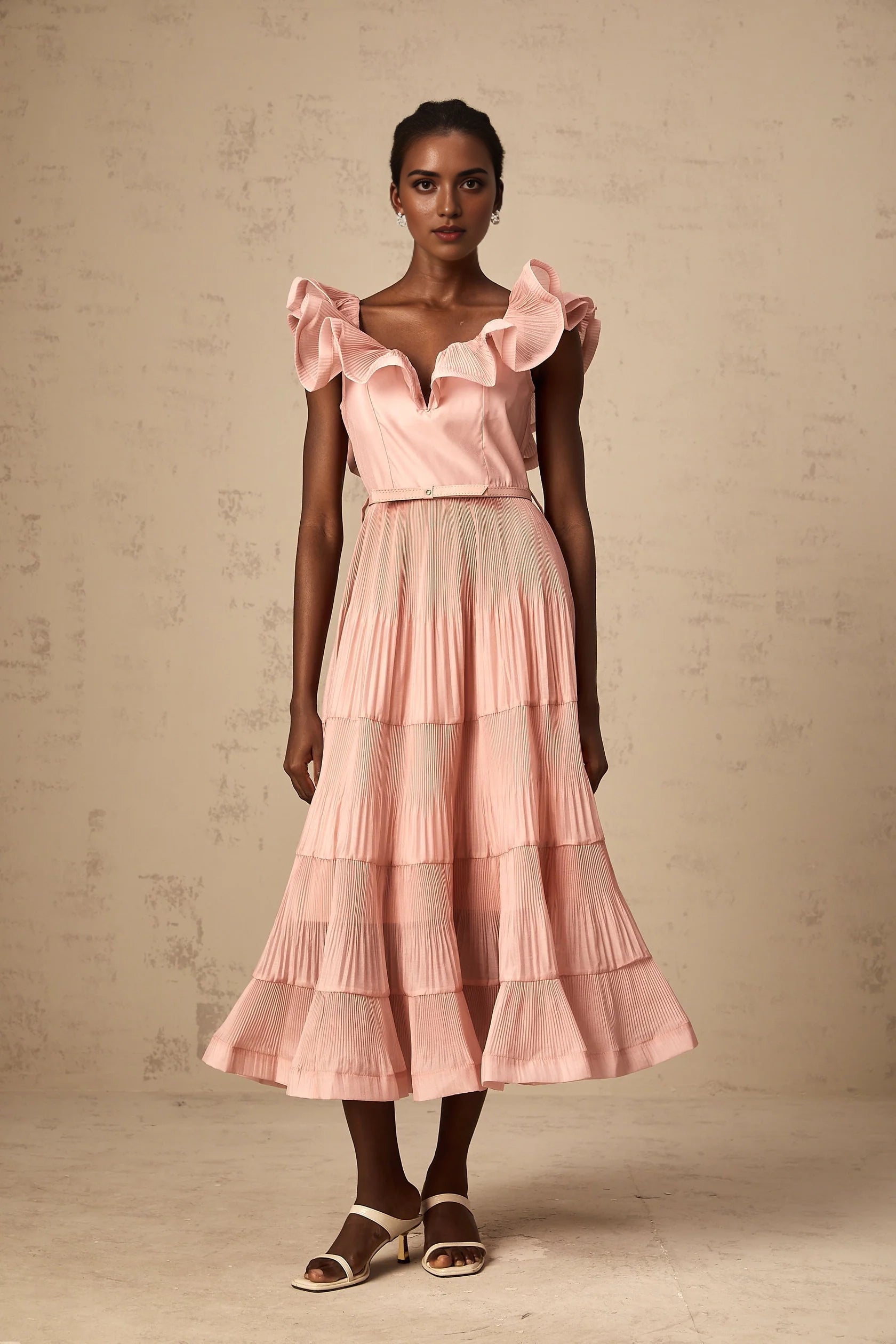 Pink Ruffled Tiered Midi Dress Valentina coral-pink pleated frilled midi dress Evening Dress