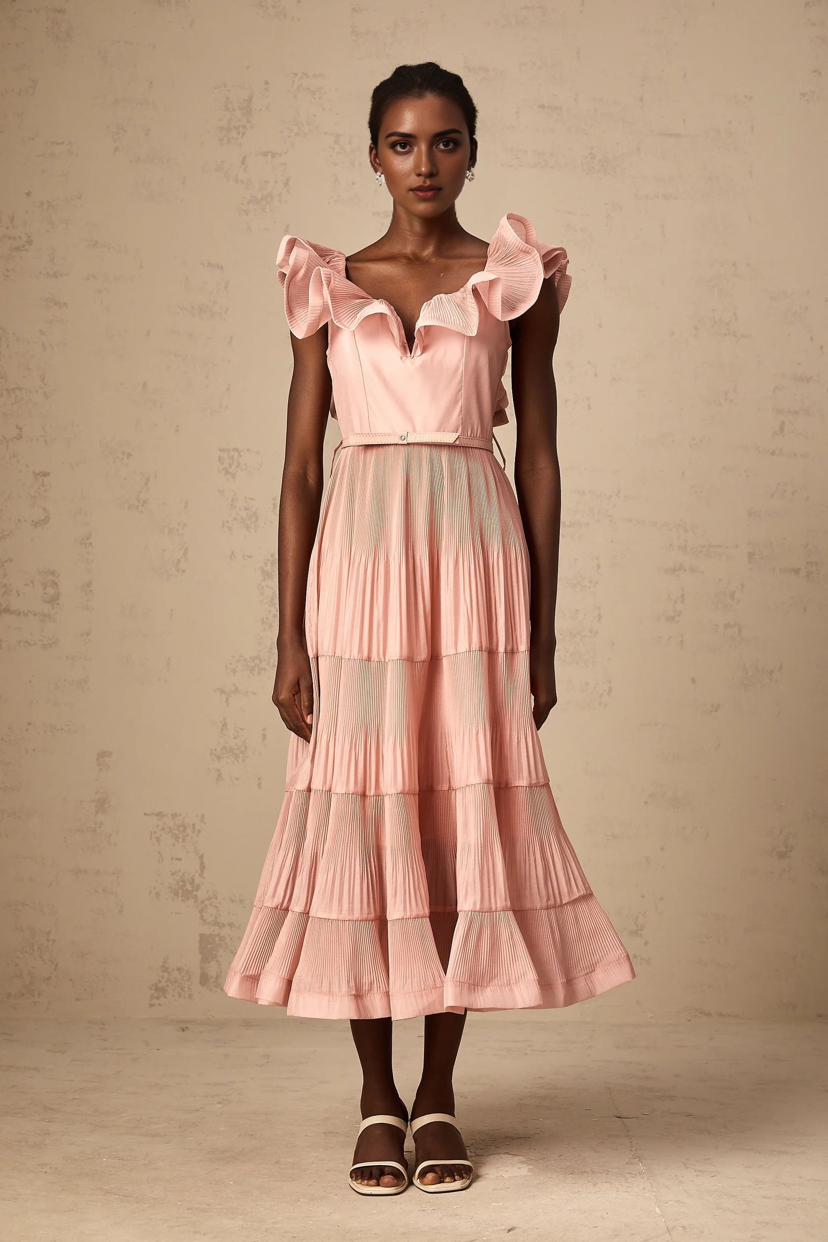 Pink Ruffled Tiered Midi Dress Valentina coral-pink pleated frilled midi dress Evening Dress