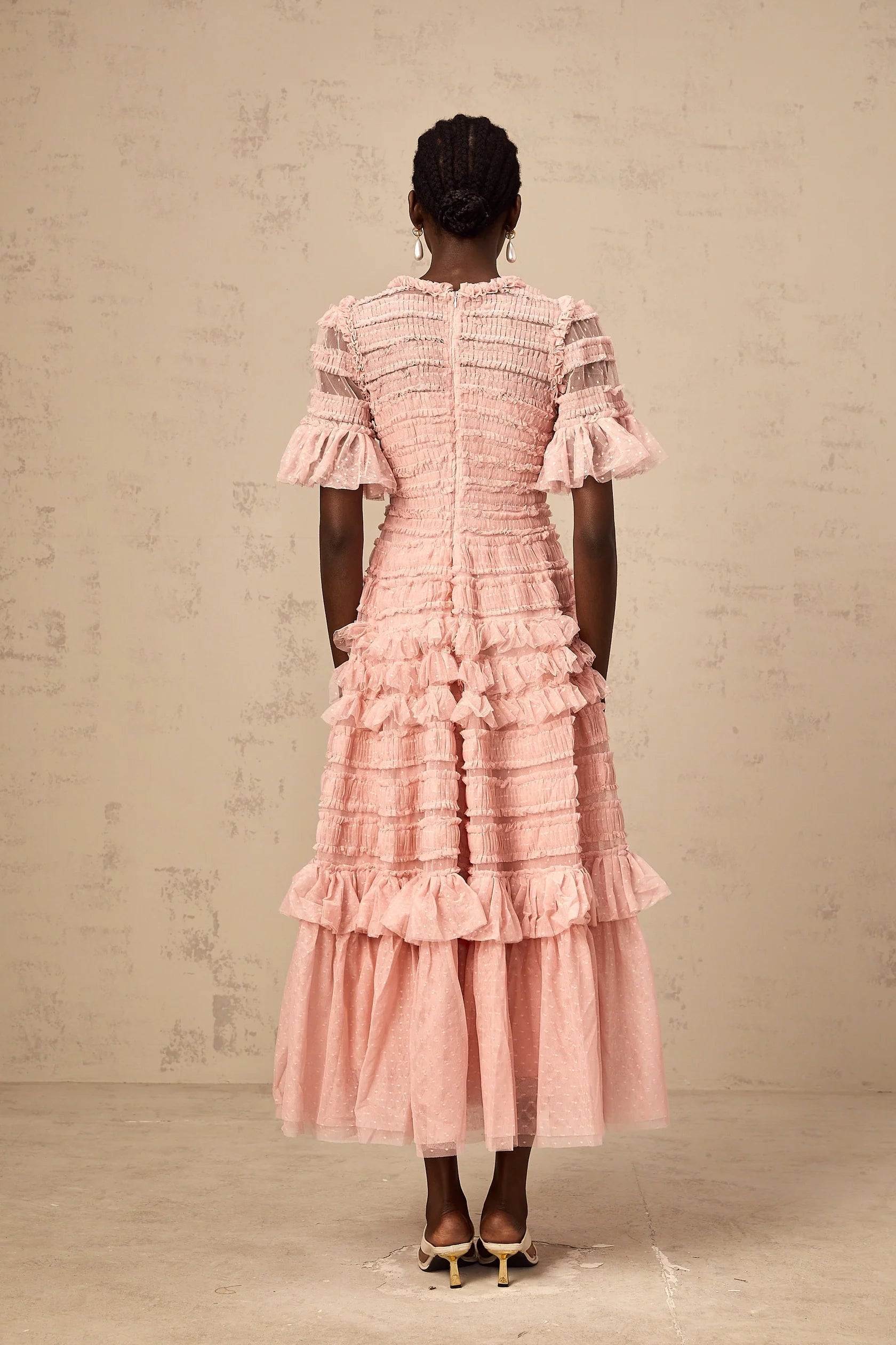 Pink Ruffled Tiered Tulle Midi Dress pink dot-detail ruffled tulle midi dress Evening Dress