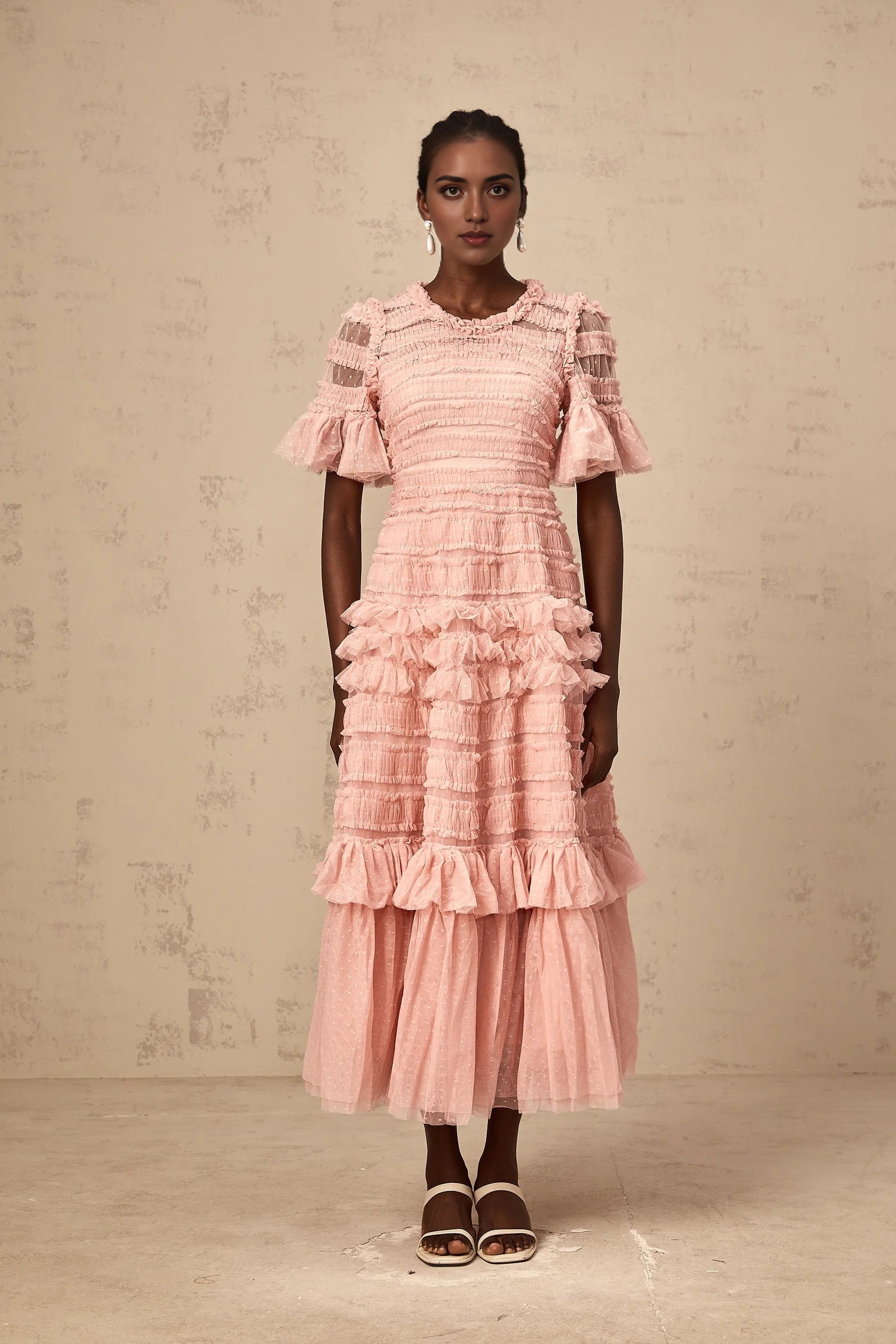 Pink Ruffled Tiered Tulle Midi Dress pink dot-detail ruffled tulle midi dress Evening Dress