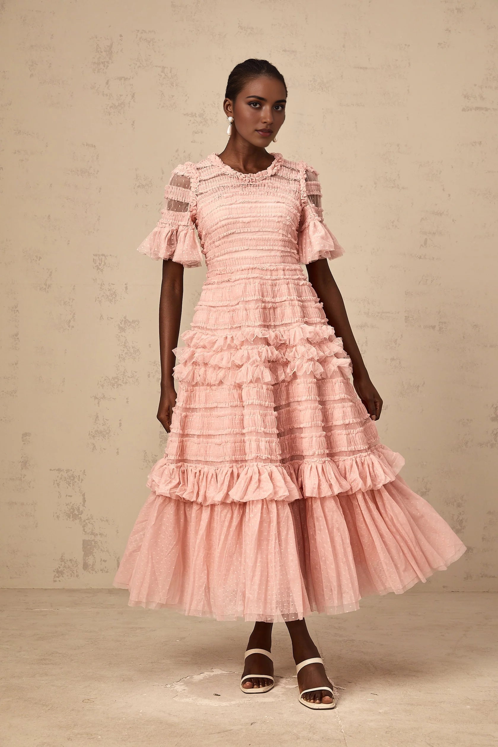Pink Ruffled Tiered Tulle Midi Dress pink dot-detail ruffled tulle midi dress Evening Dress