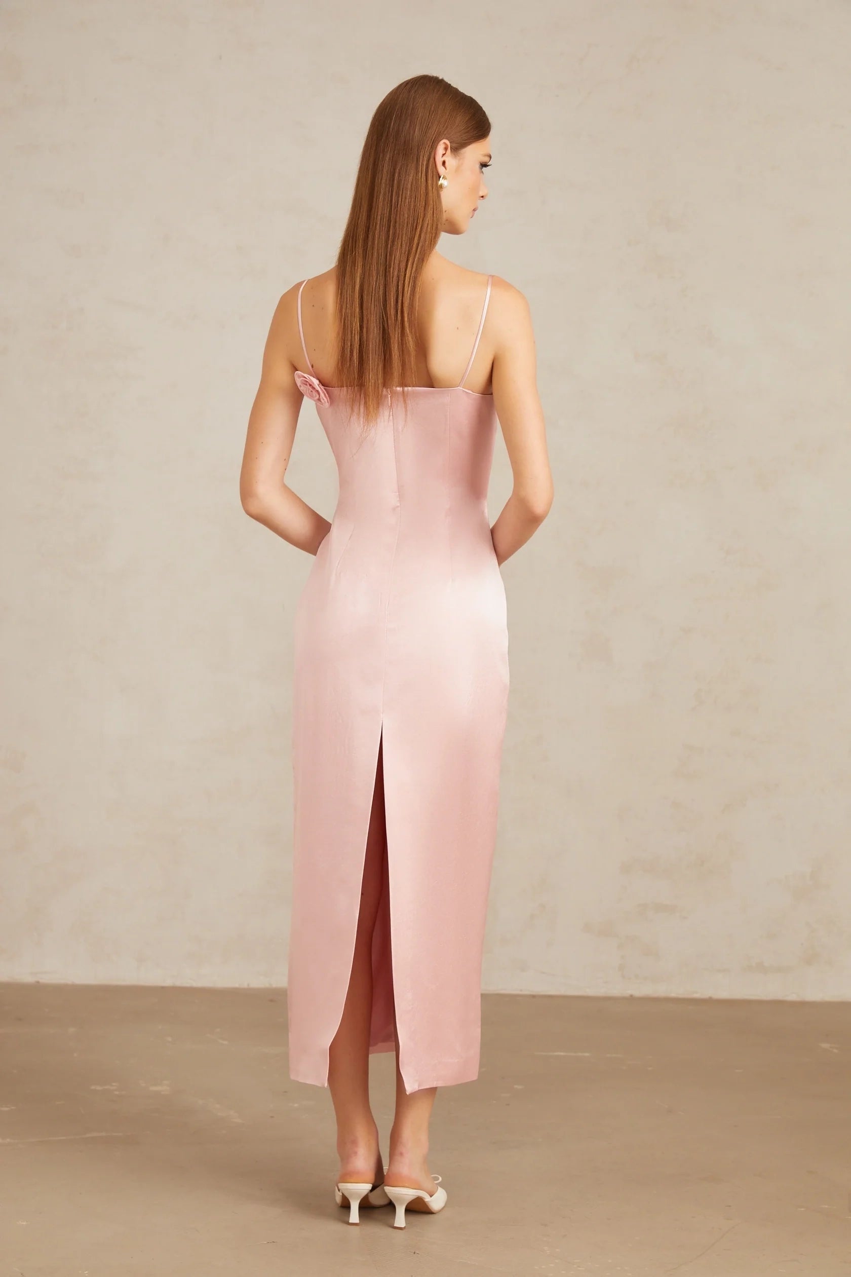 Pink Satin Spaghetti Strap Midi Dress with Floral Accent Ida Pink Floral Satin Midi Dress Evening Dress