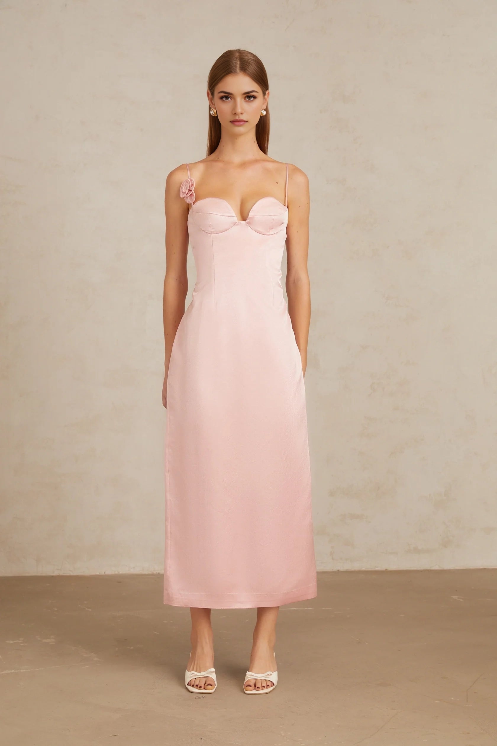 Pink Satin Spaghetti Strap Midi Dress with Floral Accent Ida Pink Floral Satin Midi Dress Evening Dress