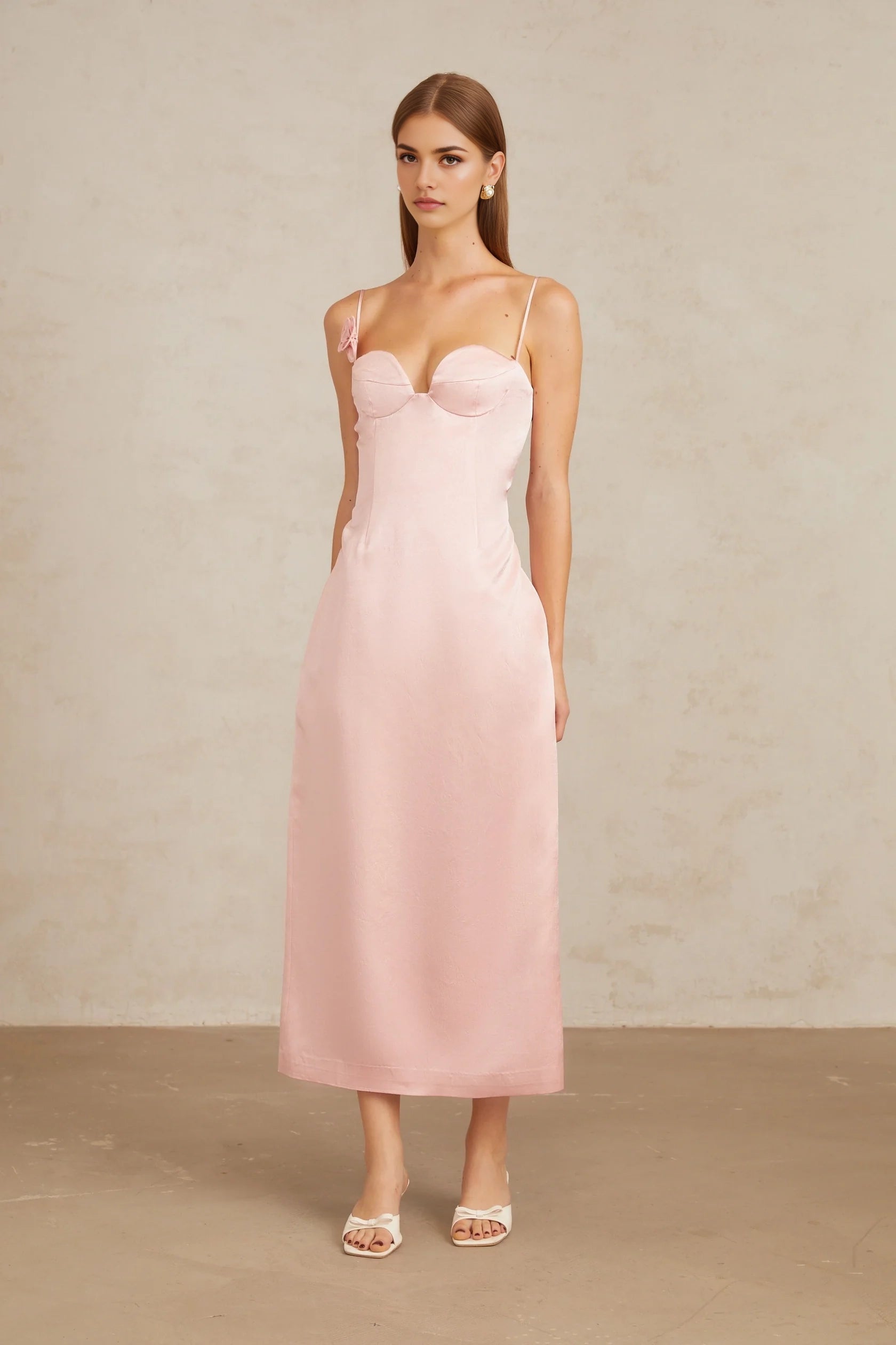 Pink Satin Spaghetti Strap Midi Dress with Floral Accent Ida Pink Floral Satin Midi Dress Evening Dress