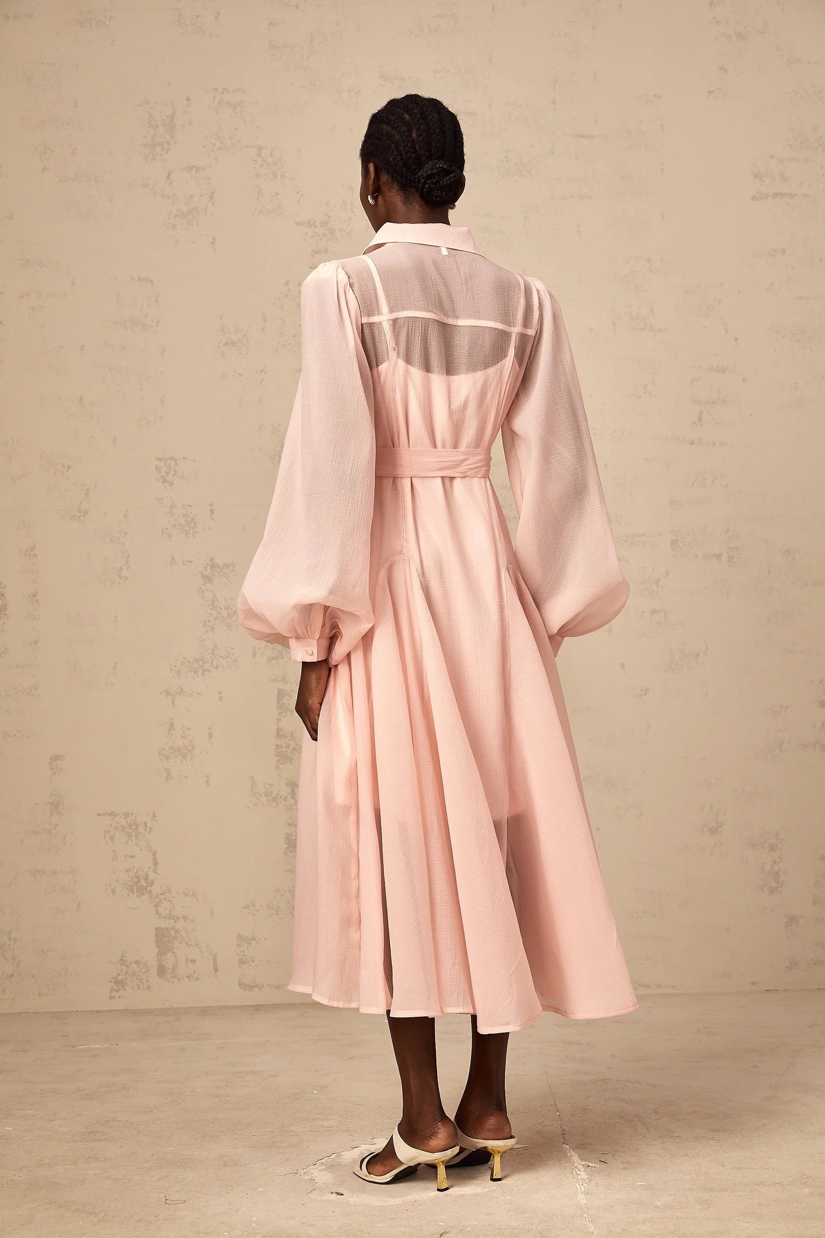 Pink Sheer Puff Sleeve Shirt Midi Dress pink tied-waist midi shirt dress Evening Dress