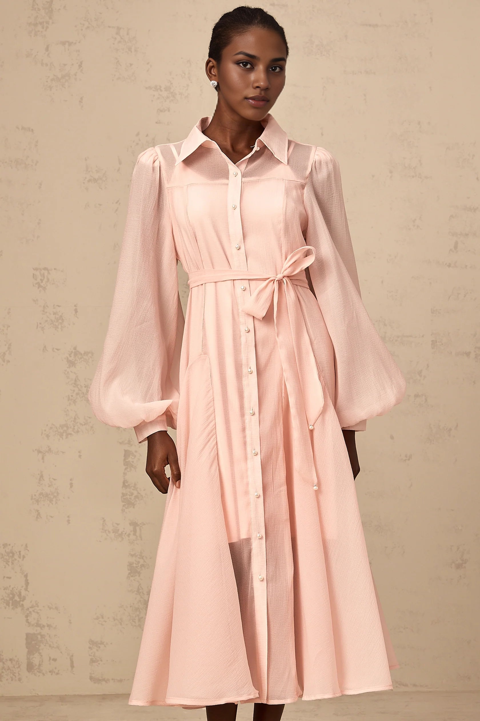 Pink Sheer Puff Sleeve Shirt Midi Dress pink tied-waist midi shirt dress Evening Dress