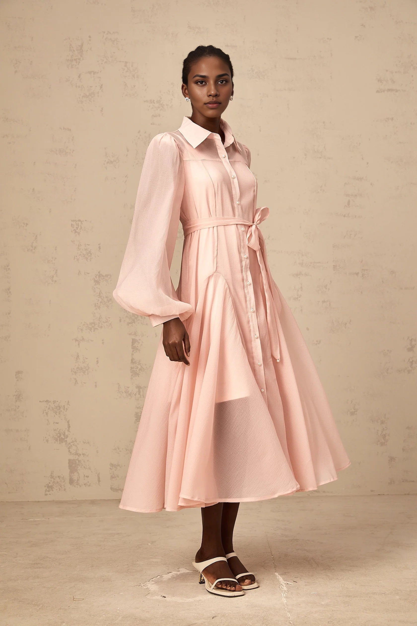 Pink Sheer Puff Sleeve Shirt Midi Dress pink tied-waist midi shirt dress Evening Dress