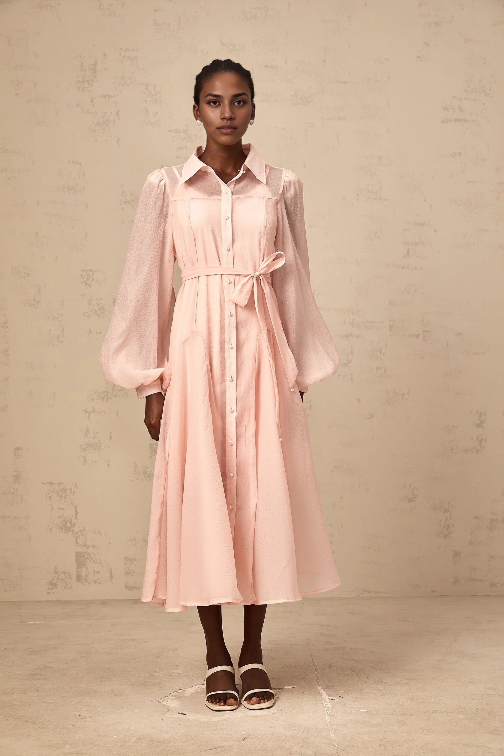 Pink Sheer Puff Sleeve Shirt Midi Dress pink tied-waist midi shirt dress Evening Dress