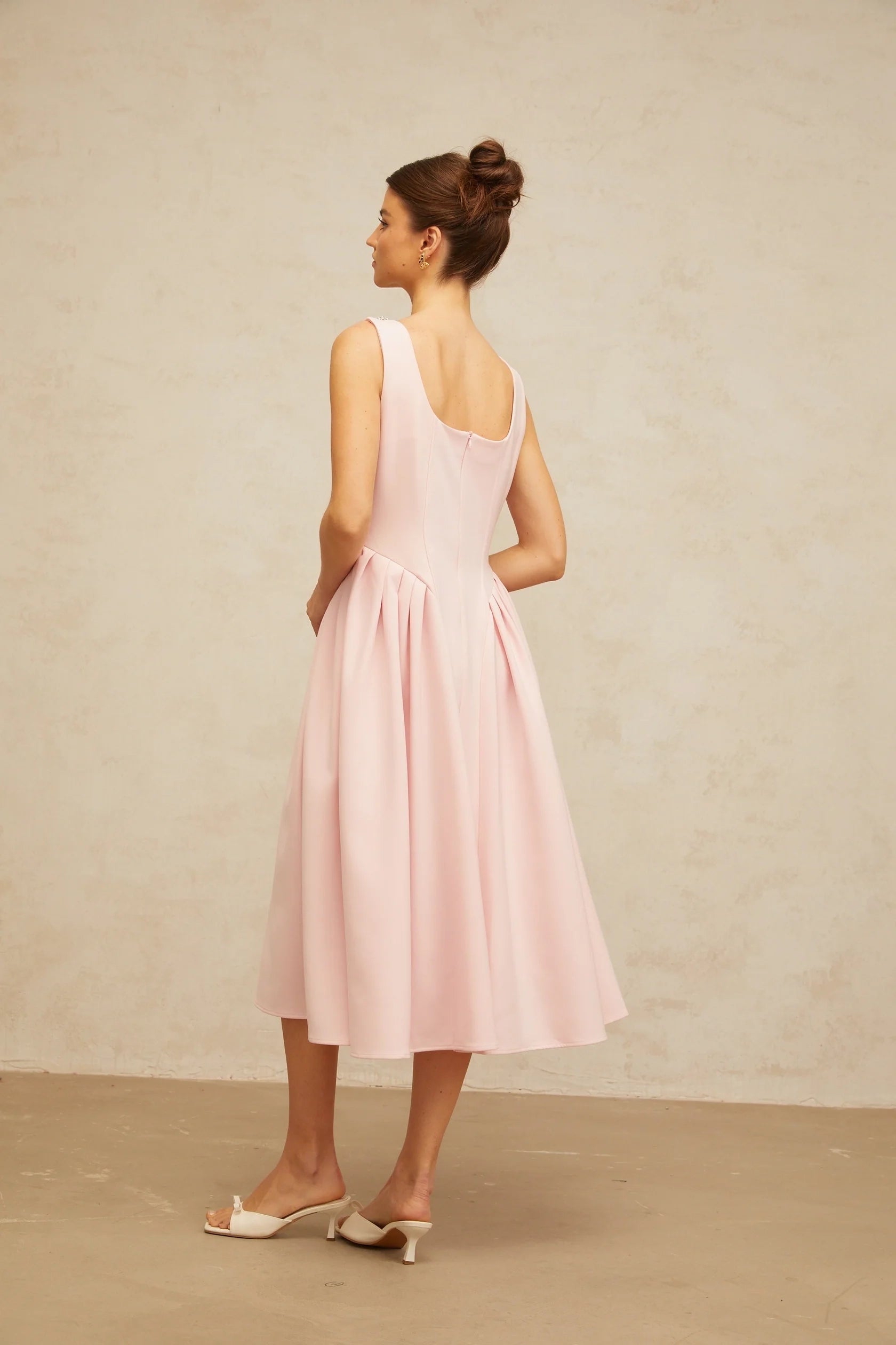 Pink Sleeveless Midi Dress with Crystal Embellished Neckline pink crystal pleated midi dress Evening Dress