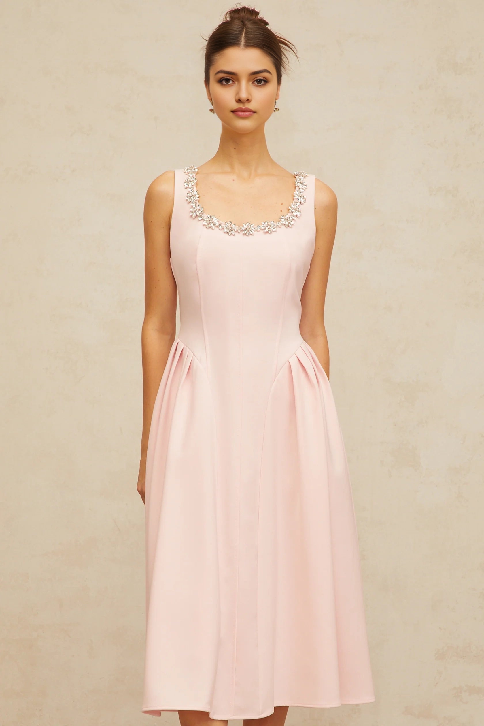Pink Sleeveless Midi Dress with Crystal Embellished Neckline pink crystal pleated midi dress Evening Dress