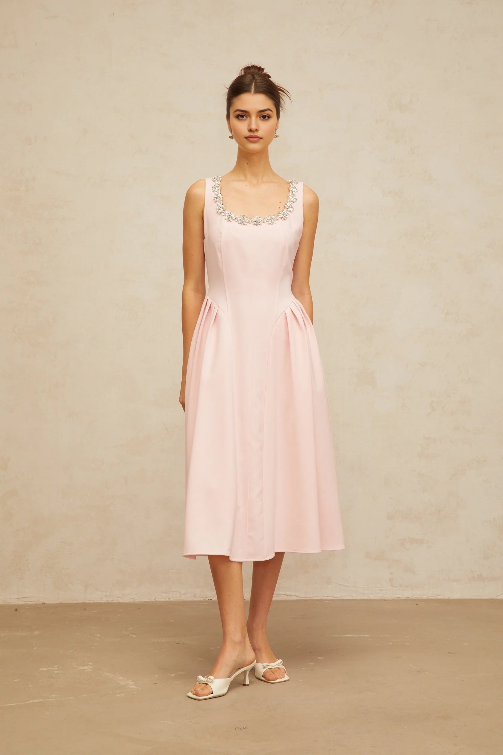 Pink Sleeveless Midi Dress with Crystal Embellished Neckline pink crystal pleated midi dress Evening Dress