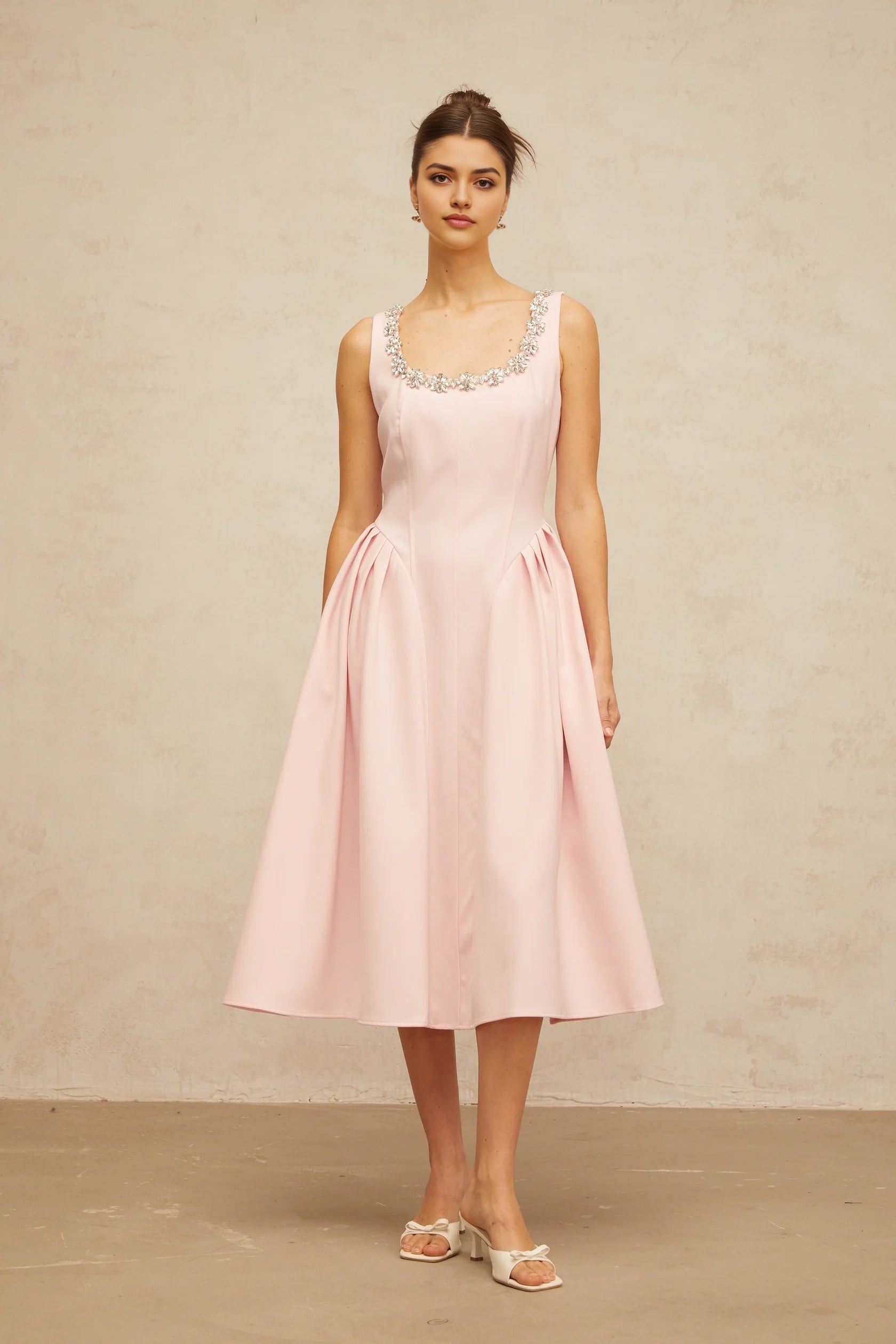 Pink Sleeveless Midi Dress with Crystal Embellished Neckline pink crystal pleated midi dress Evening Dress