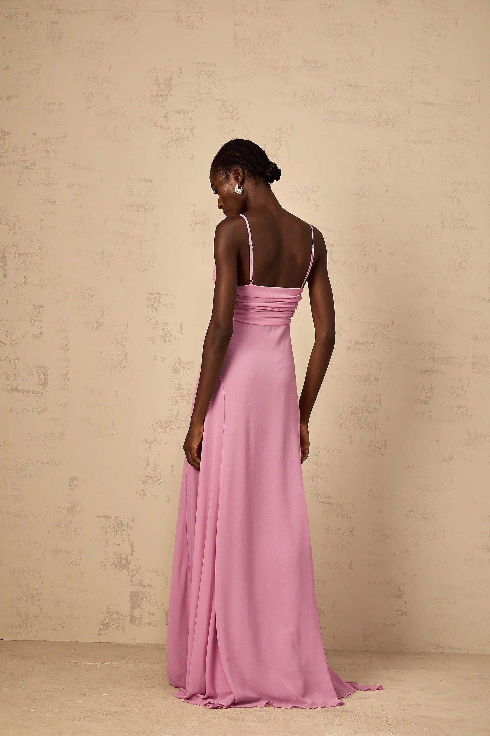 Pink Spaghetti Strap Maxi Dress with Floral Detail  Rose-Pink 3D Petal Tulle Maxi Dress Evening Dress
