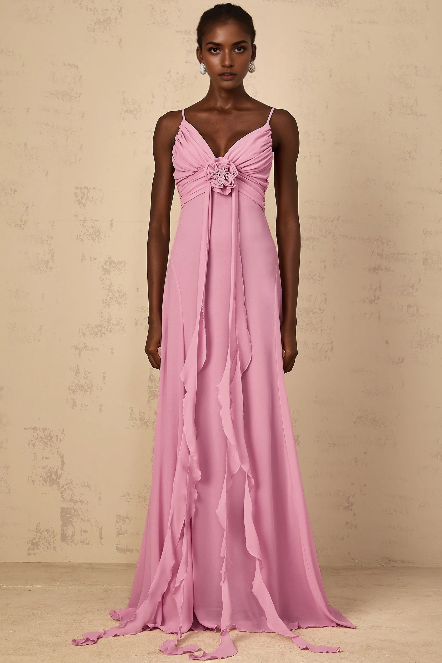 Pink Spaghetti Strap Maxi Dress with Floral Detail  Rose-Pink 3D Petal Tulle Maxi Dress Evening Dress