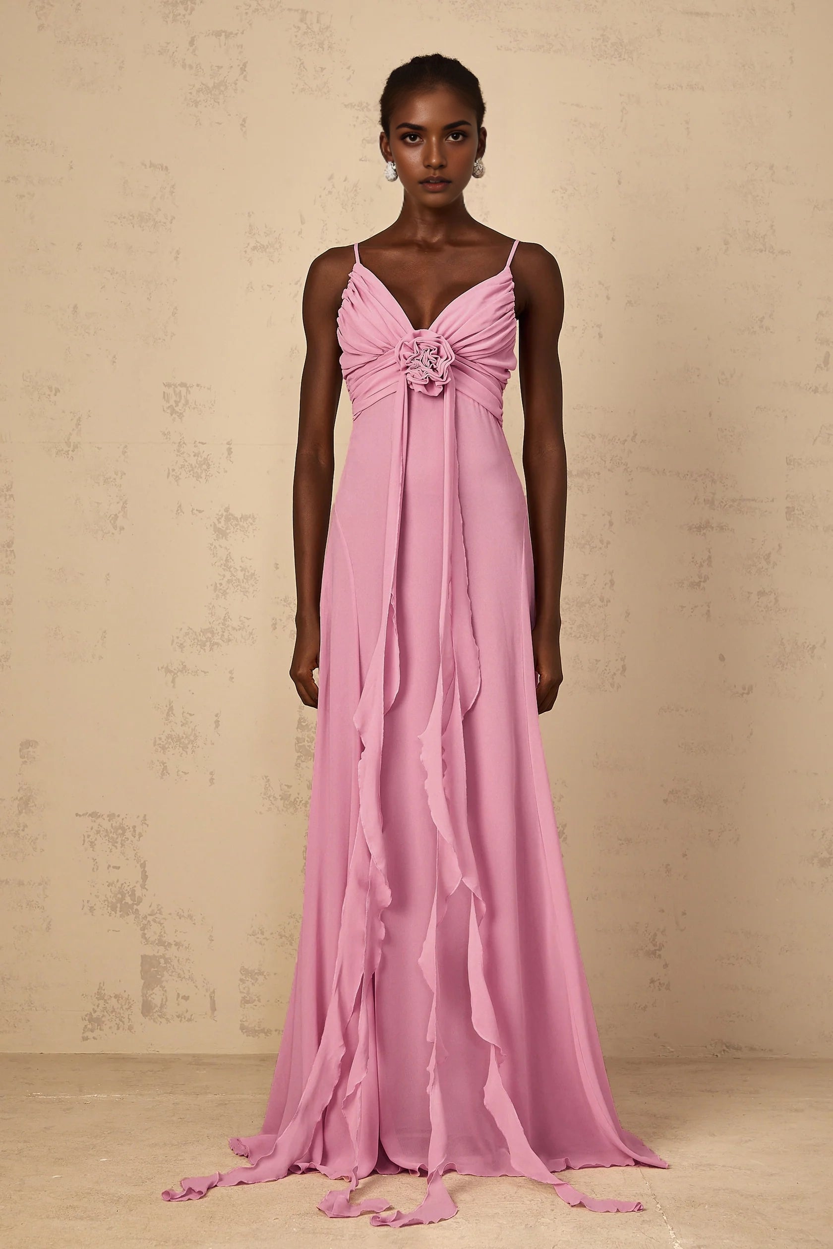 Pink Spaghetti Strap Maxi Dress with Floral Detail  Rose-Pink 3D Petal Tulle Maxi Dress Evening Dress