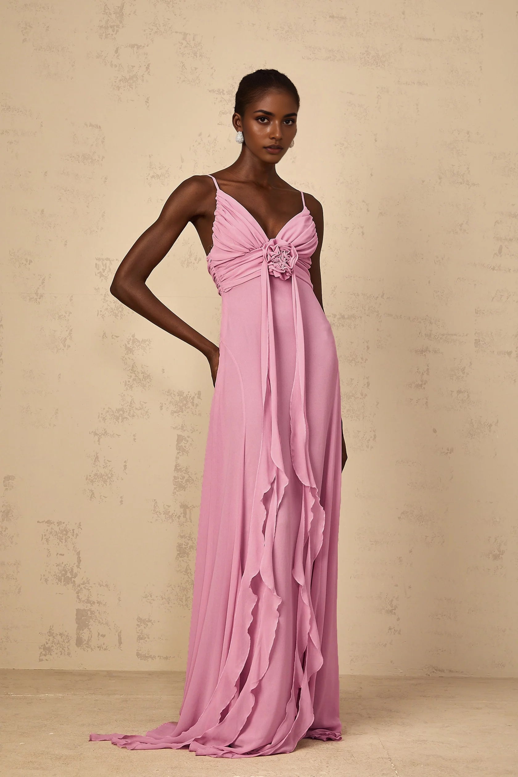 Pink Spaghetti Strap Maxi Dress with Floral Detail  Rose-Pink 3D Petal Tulle Maxi Dress Evening Dress