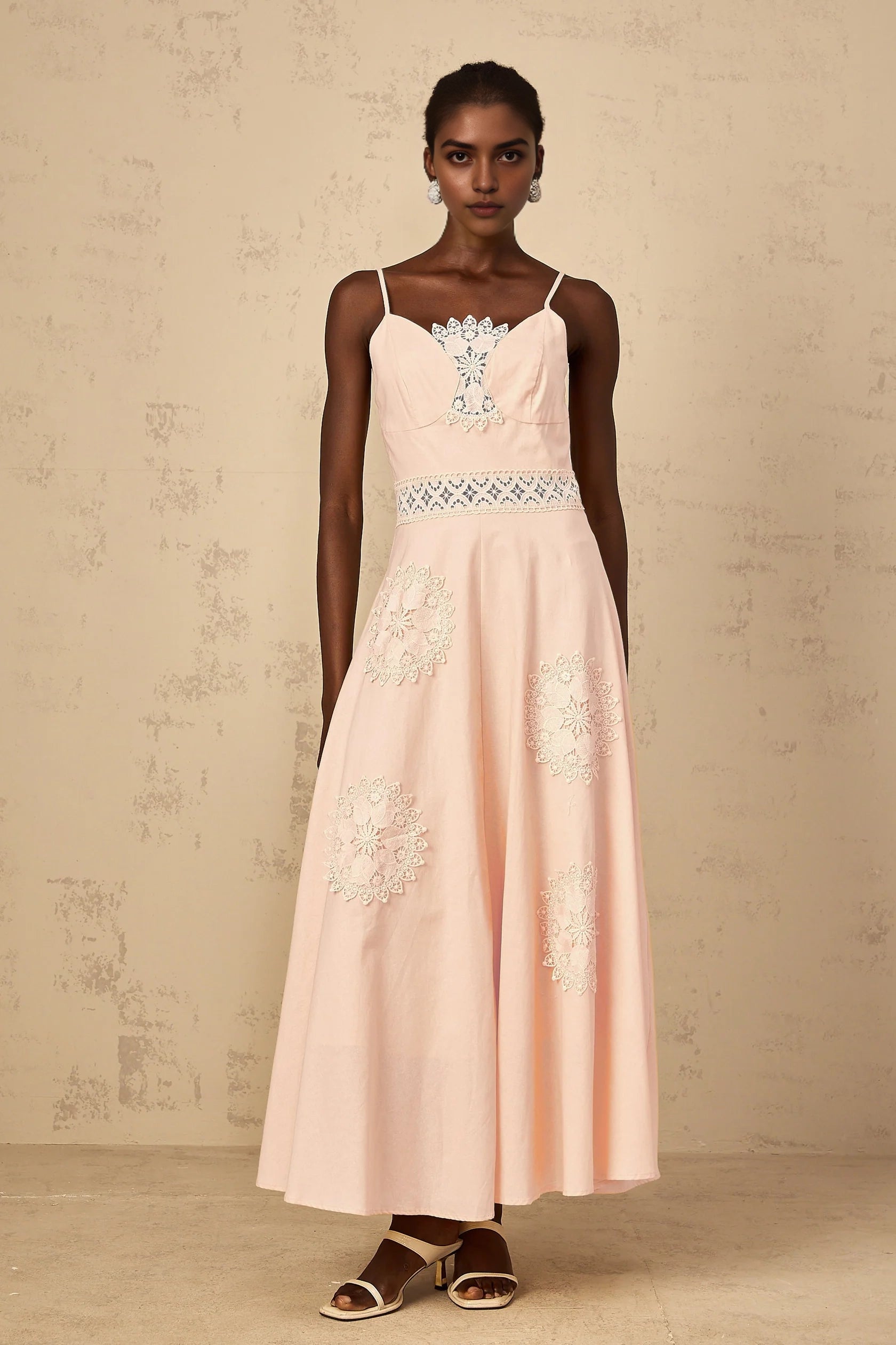 Pink Spaghetti Strap Maxi Dress with Lace Appliqués Romy Pink Floral Embroidered Blouse & Dress Set Evening Dress