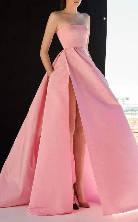 Pink Strapless Ball Gown with High Slit and Pockets pink long prom dress Party Dresses