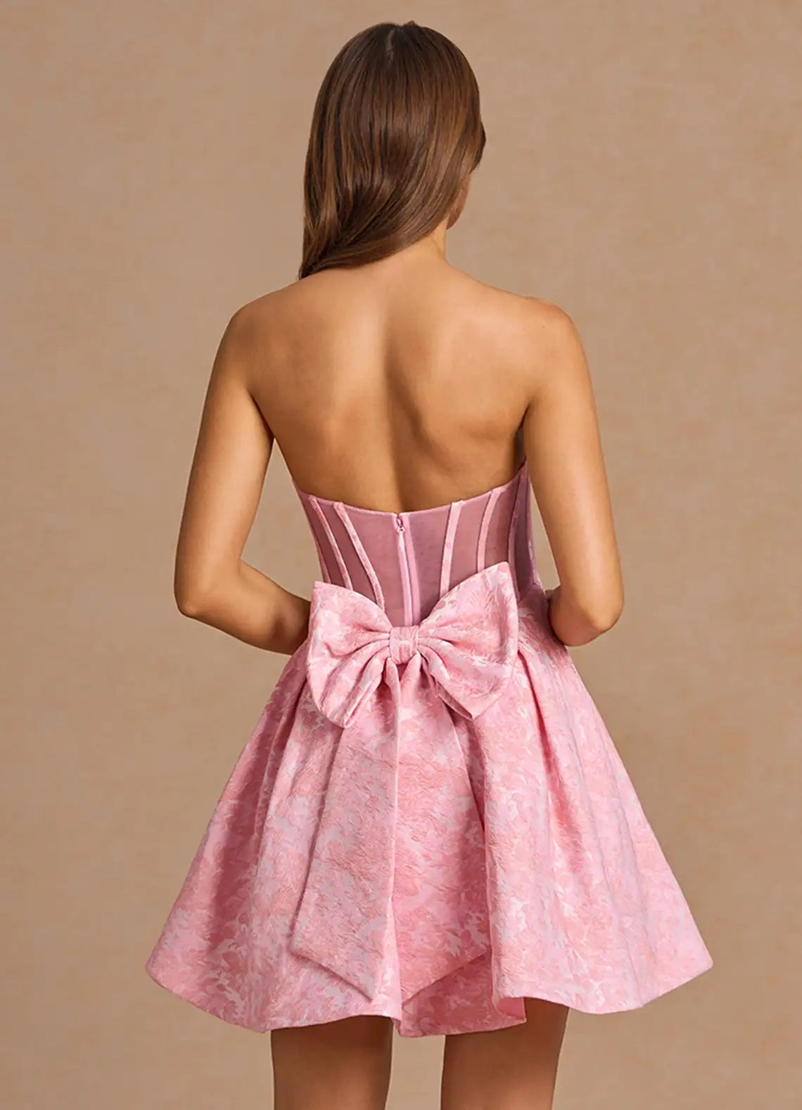 Pink Strapless Mini Dress with Bow Detail Imogen Pink Multi Mini Dress Homecoming Dresses