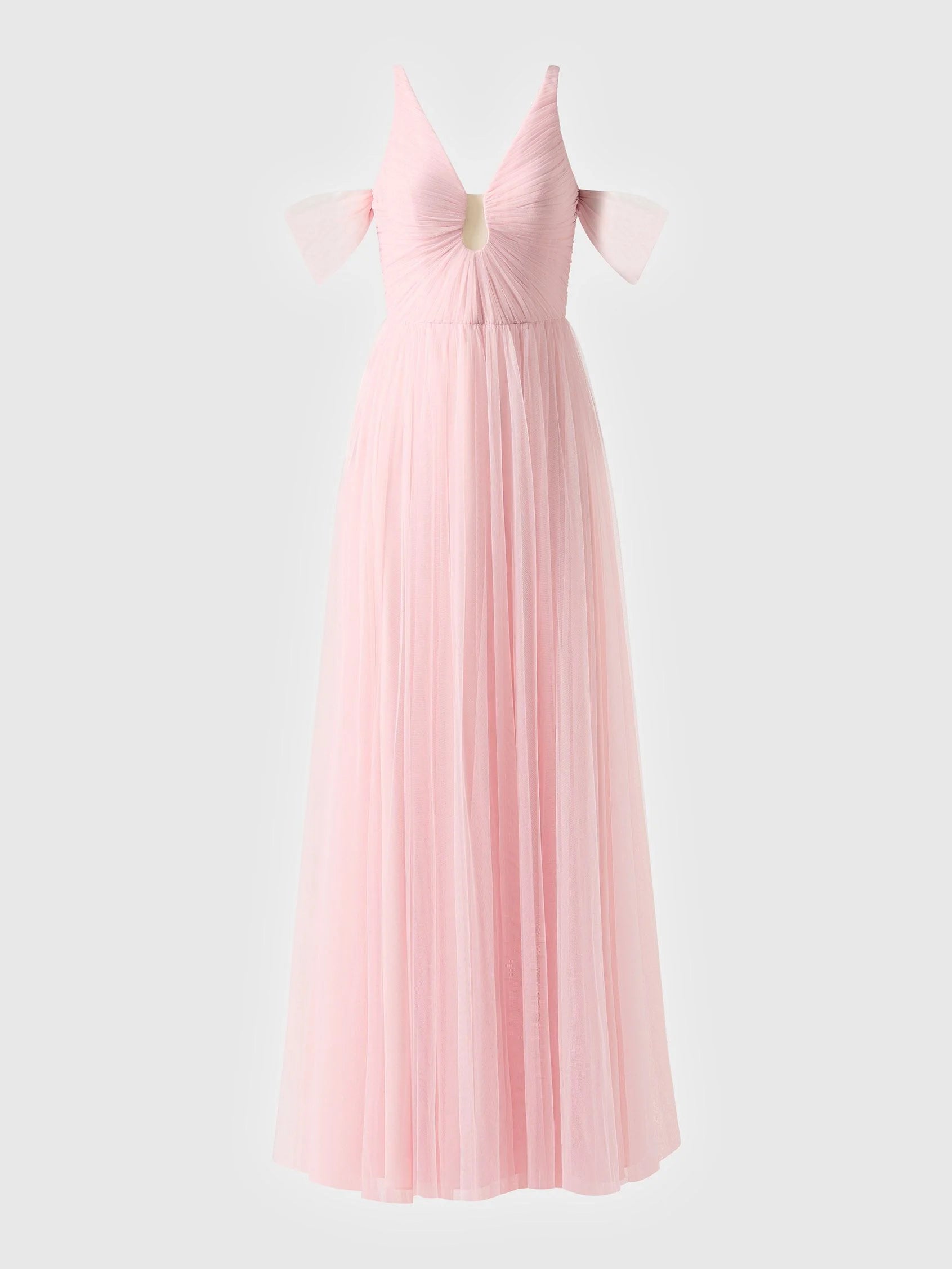 Pink Tulle Cold Shoulder Maxi Dress Fit & flare bridesmaid dress with V-neck and tulle Mother of the Bride Dresses