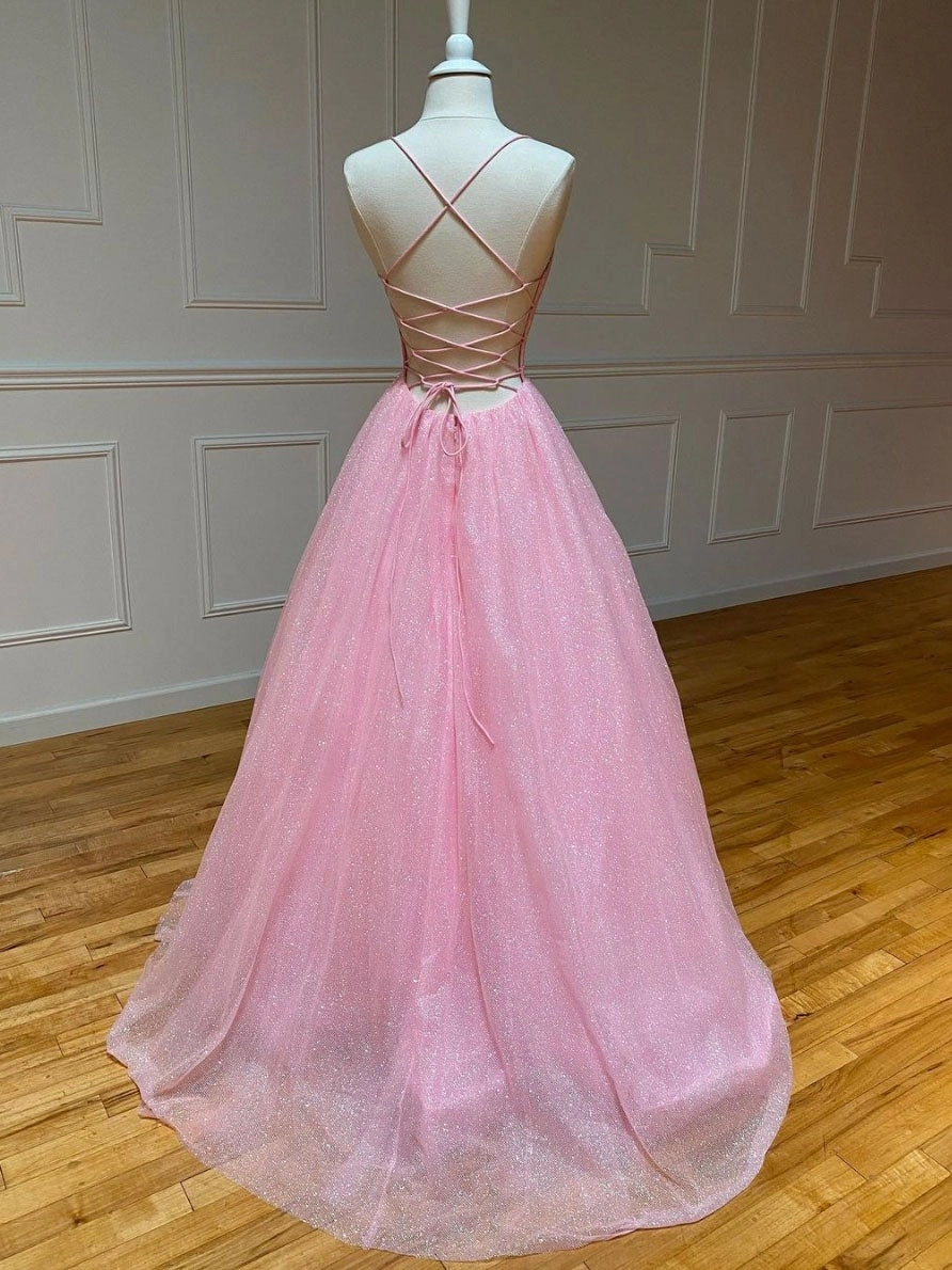 Pink A-line v neck tulle long prom dress, pink evening dress simple gentle atmospheric and unique desi Bring summer colors to enhance whitenes