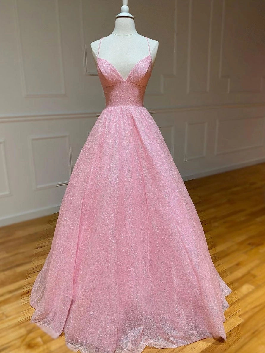 Pink A-line v neck tulle long prom dress, pink evening dress simple gentle atmospheric and unique desi Bring summer colors to enhance whitenes
