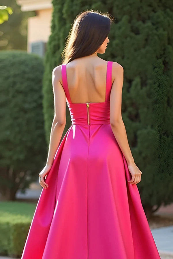 Fuchsia Square Neck A Line Long Prom Dress with Slit simple gentle atmospheric and unique desi Bring summer colors to enhance whiteness