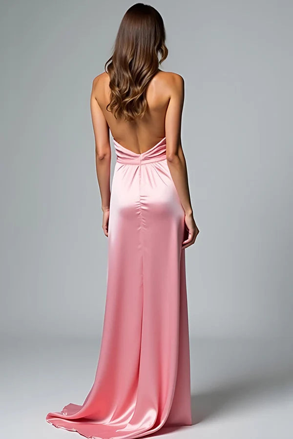 Pink A Line Halter Ruched Long Satin Formal Dress simple gentle atmospheric and unique desi Bring summer colors to enhance whiteness