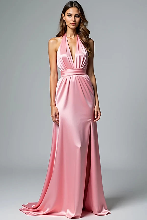 Pink A Line Halter Ruched Long Satin Formal Dress simple gentle atmospheric and unique desi Bring summer colors to enhance whiteness