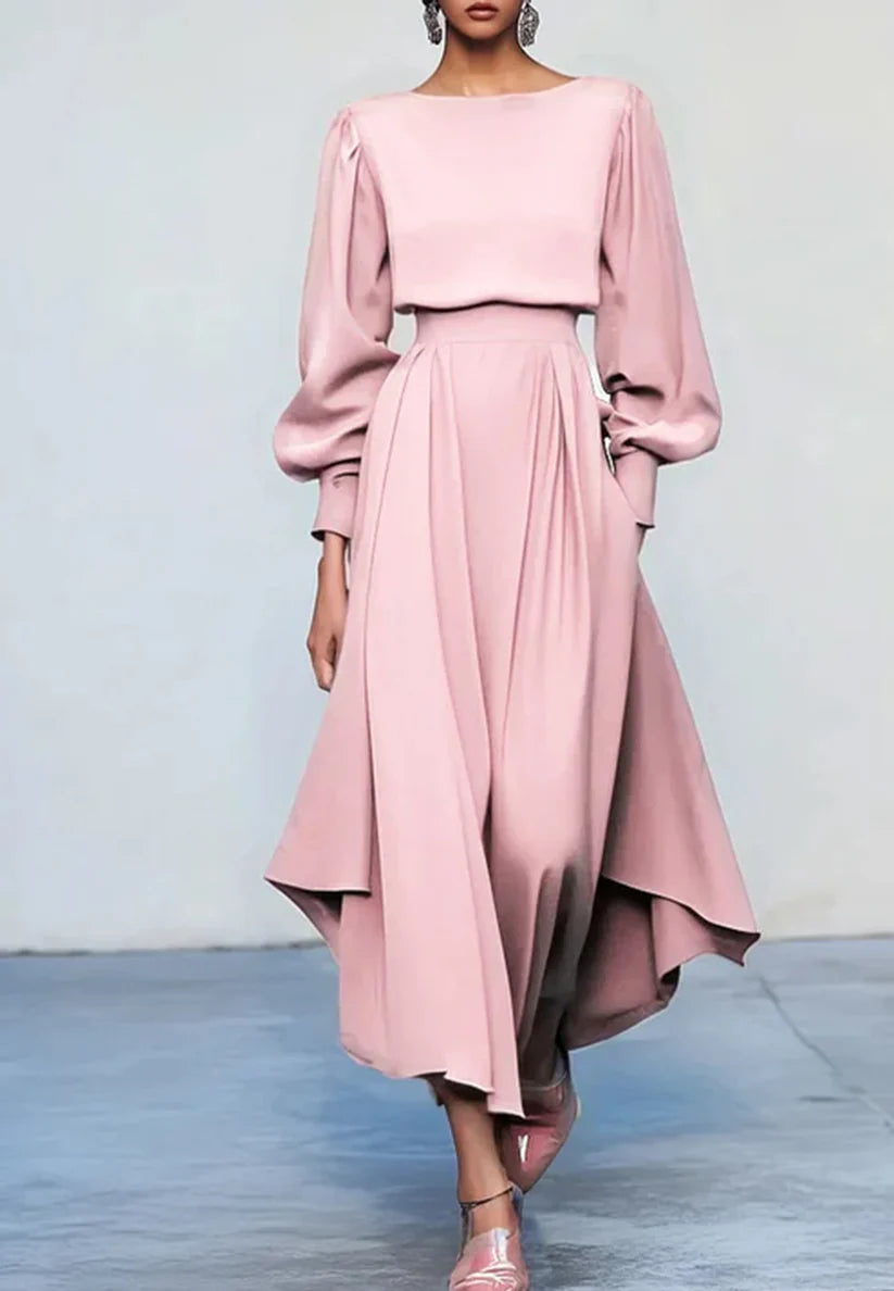 Pink Asymmetric Boat Neck Long Balloon Sleeve A-Line Midi Dress simple gentle atmospheric and unique desi Bring summer colors to enhance whiteness