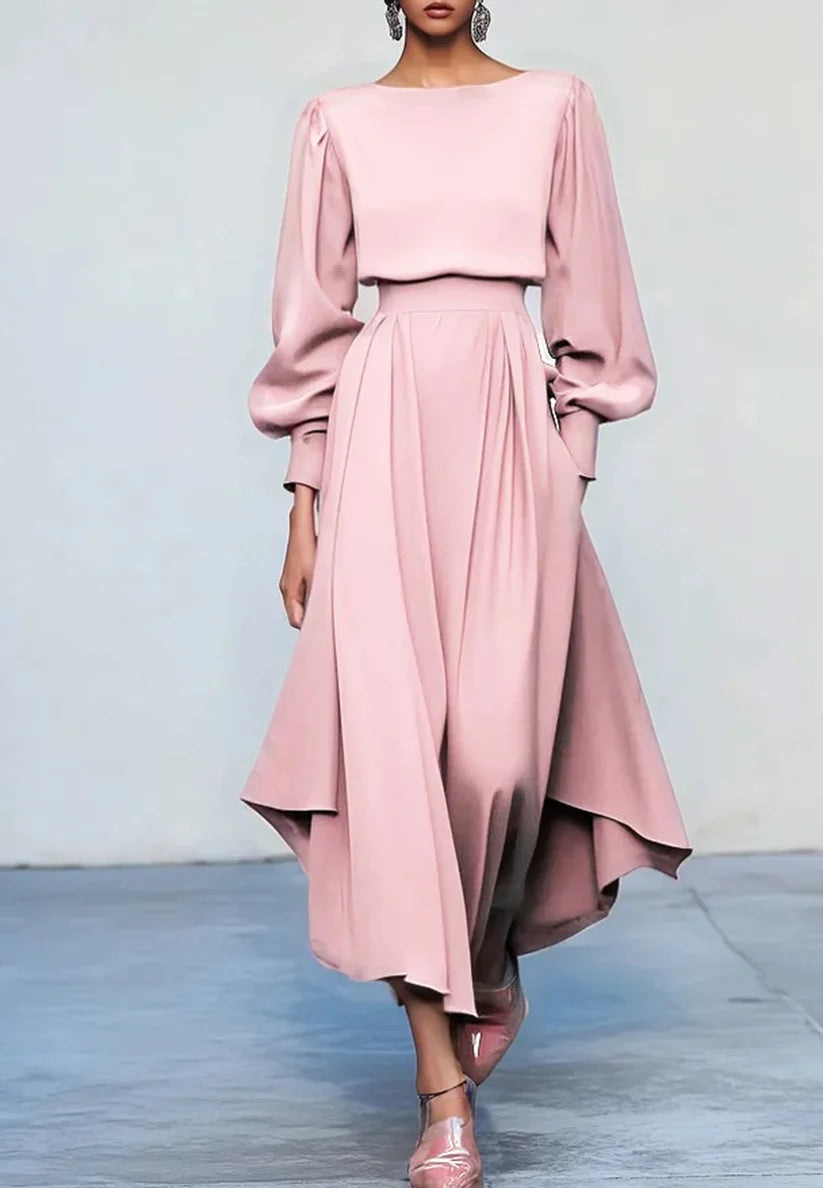 Pink Asymmetric Boat Neck Long Balloon Sleeve A-Line Midi Dress simple gentle atmospheric and unique desi Bring summer colors to enhance whiteness
