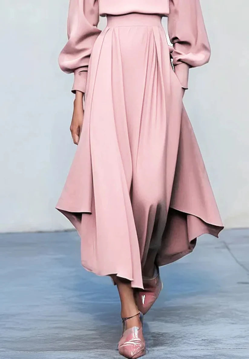Pink Asymmetric Boat Neck Long Balloon Sleeve A-Line Midi Dress simple gentle atmospheric and unique desi Bring summer colors to enhance whiteness