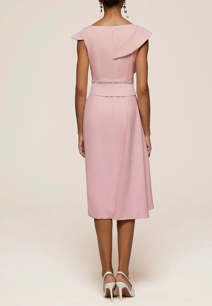 Pink Asymmetrical Neck Cap Sleeve Rhinestone A-Line Midi Dress simple gentle atmospheric and unique desi Bring summer colors to enhance whiteness