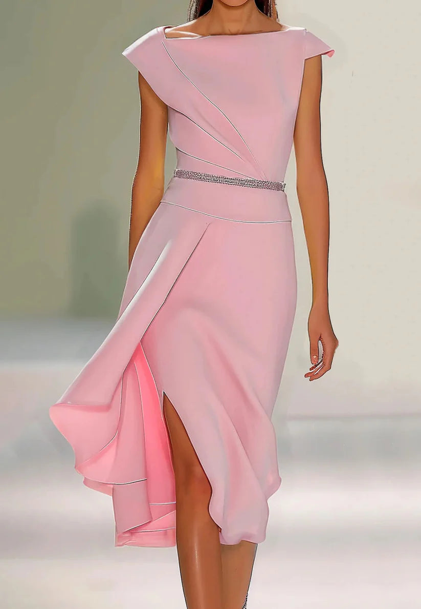 Pink Asymmetrical Neck Cap Sleeve Rhinestone A-Line Midi Dress simple gentle atmospheric and unique desi Bring summer colors to enhance whiteness