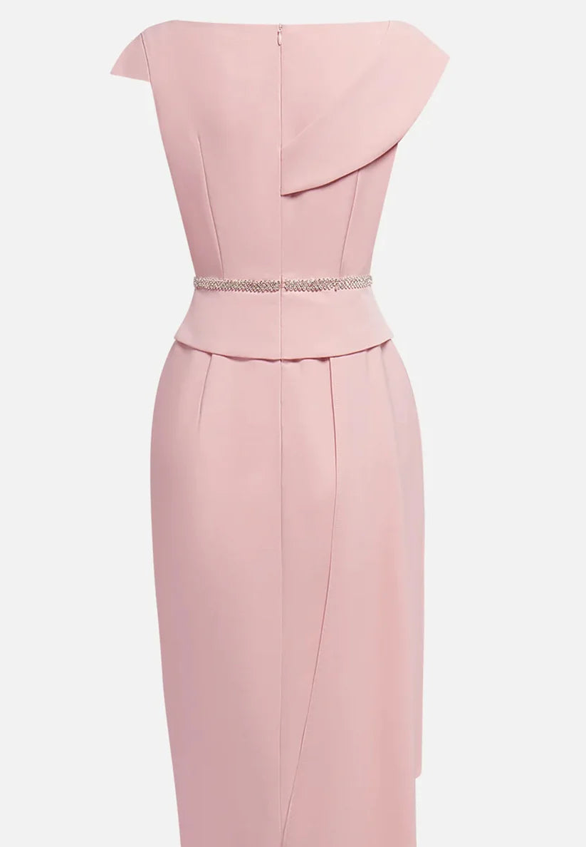 Pink Asymmetrical Neck Cap Sleeve Rhinestone A-Line Midi Dress simple gentle atmospheric and unique desi Bring summer colors to enhance whiteness