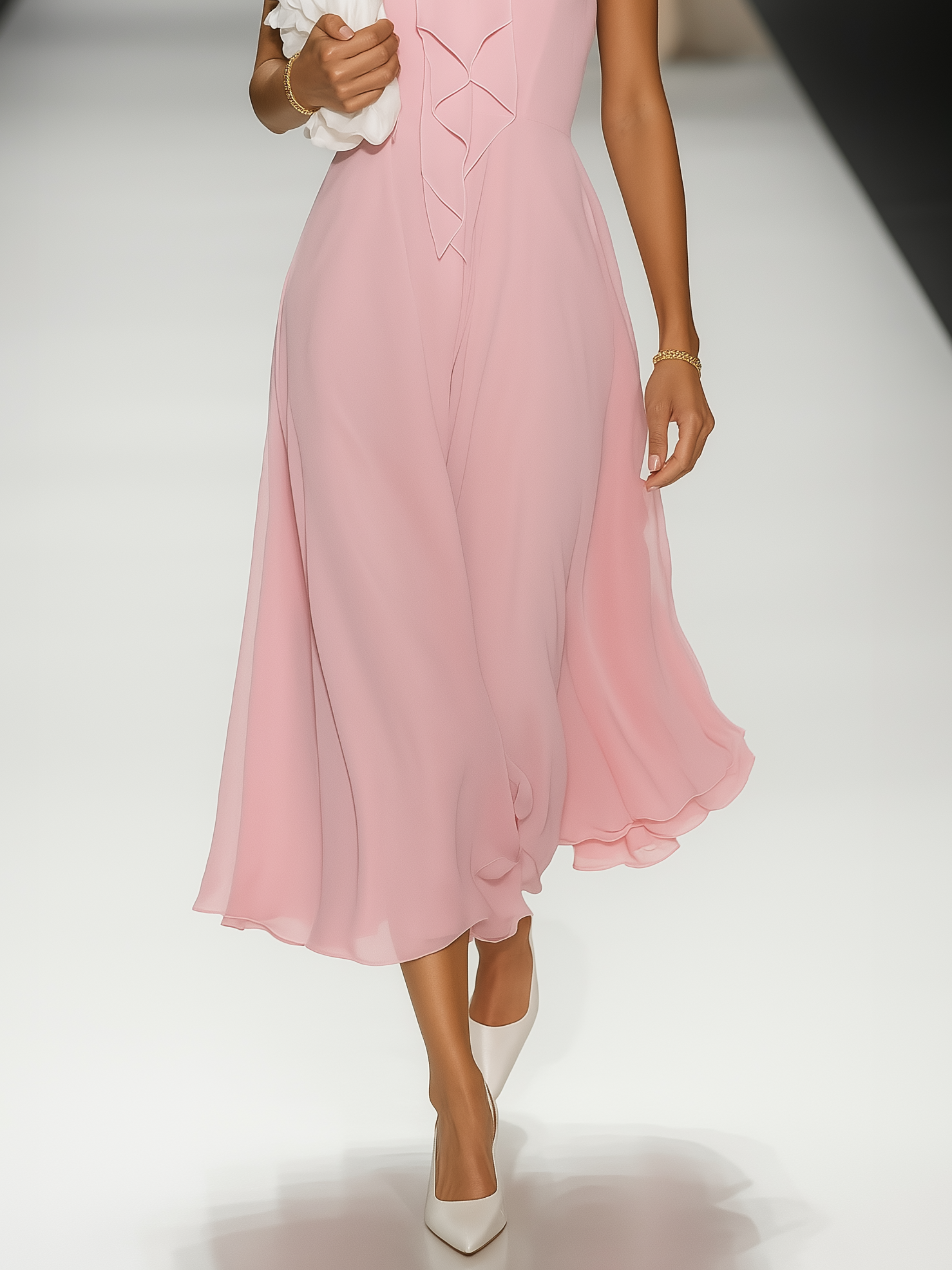 Pink Bow Peplum Chiffon Crew Neck Sleeveless A-Line Midi Dress