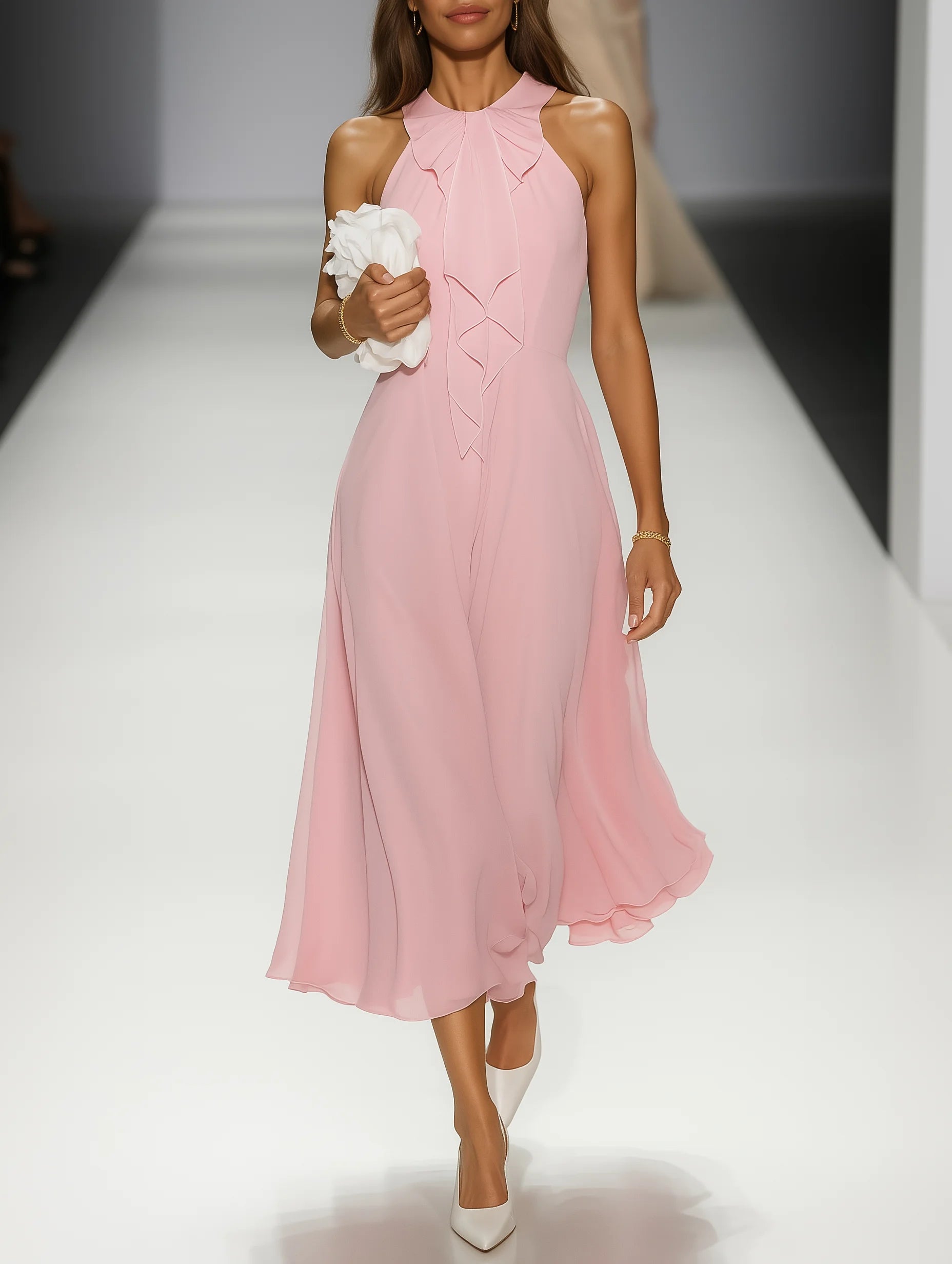 Pink Bow Peplum Chiffon Crew Neck Sleeveless A-Line Midi Dress