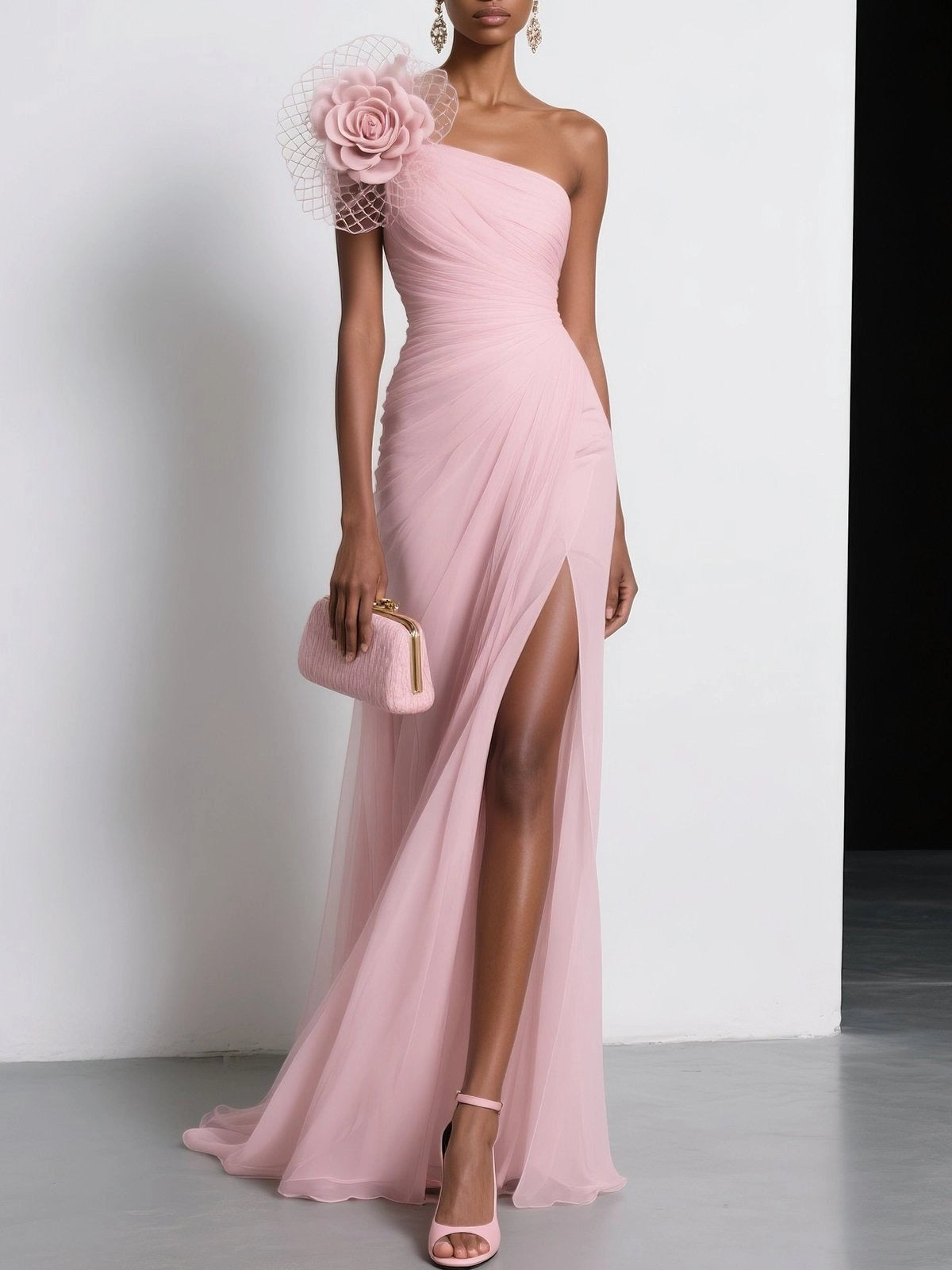 Pink Chiffon 3D Floral Slit One Shoulder Sleeveless Sheath Gown Dress simple gentle atmospheric and unique desi Bring summer colors to enhance whiteness