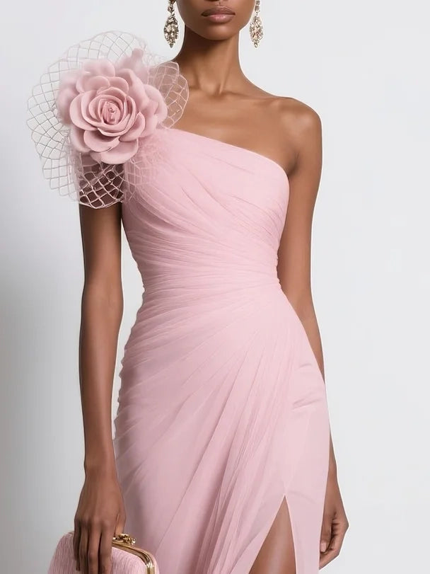 Pink Chiffon 3D Floral Slit One Shoulder Sleeveless Sheath Gown Dress simple gentle atmospheric and unique desi Bring summer colors to enhance whiteness