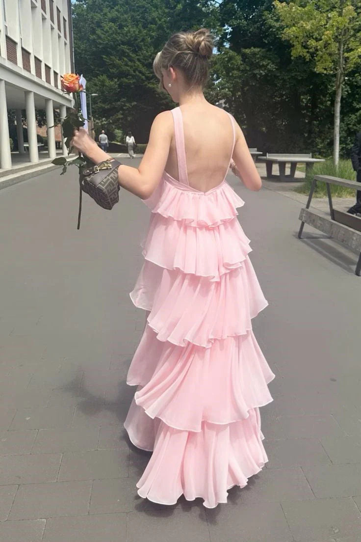 Pink Chiffon Evening Dresses Elegant Open Back Maxi Dress simple gentle atmospheric and unique desi Bring summer colors to enhance whiteness