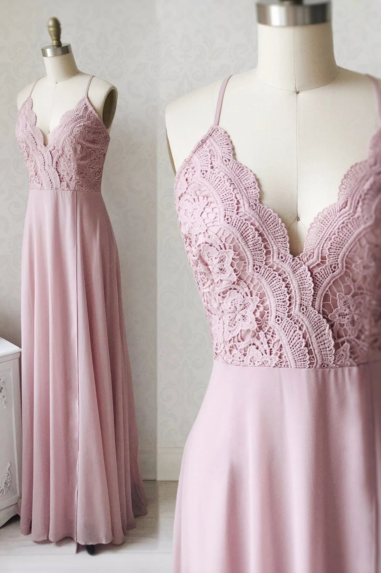 Pink Chiffon Lace Long A-Line Prom Dress Pink V-Neck Evening Dress simple gentle atmospheric and unique desi Bring summer colors to enhance whitenes