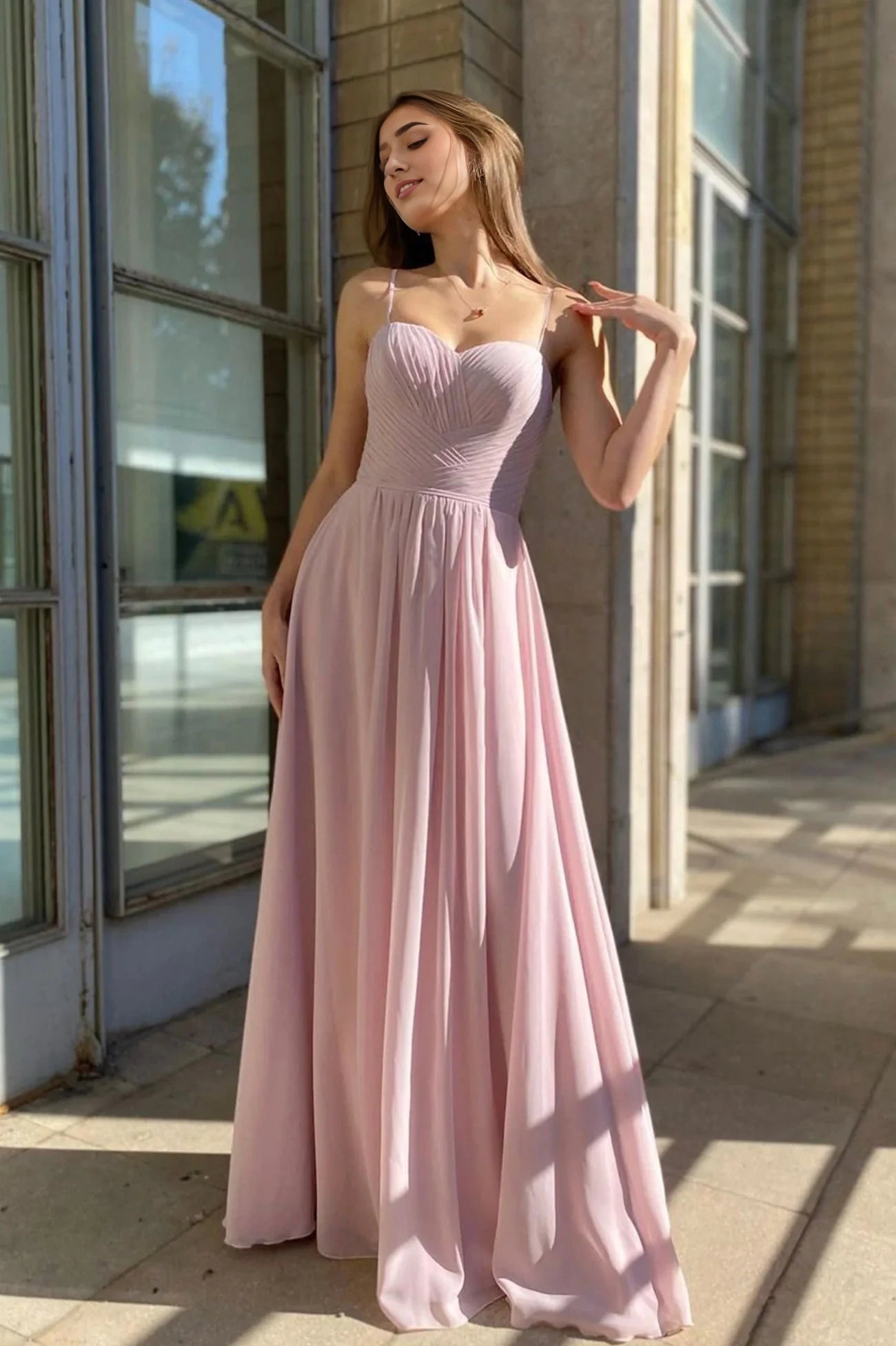 Pink Chiffon Long A-Line Prom Dress Simple Evening Party Dress simple gentle atmospheric and unique desi Bring summer colors to enhance white